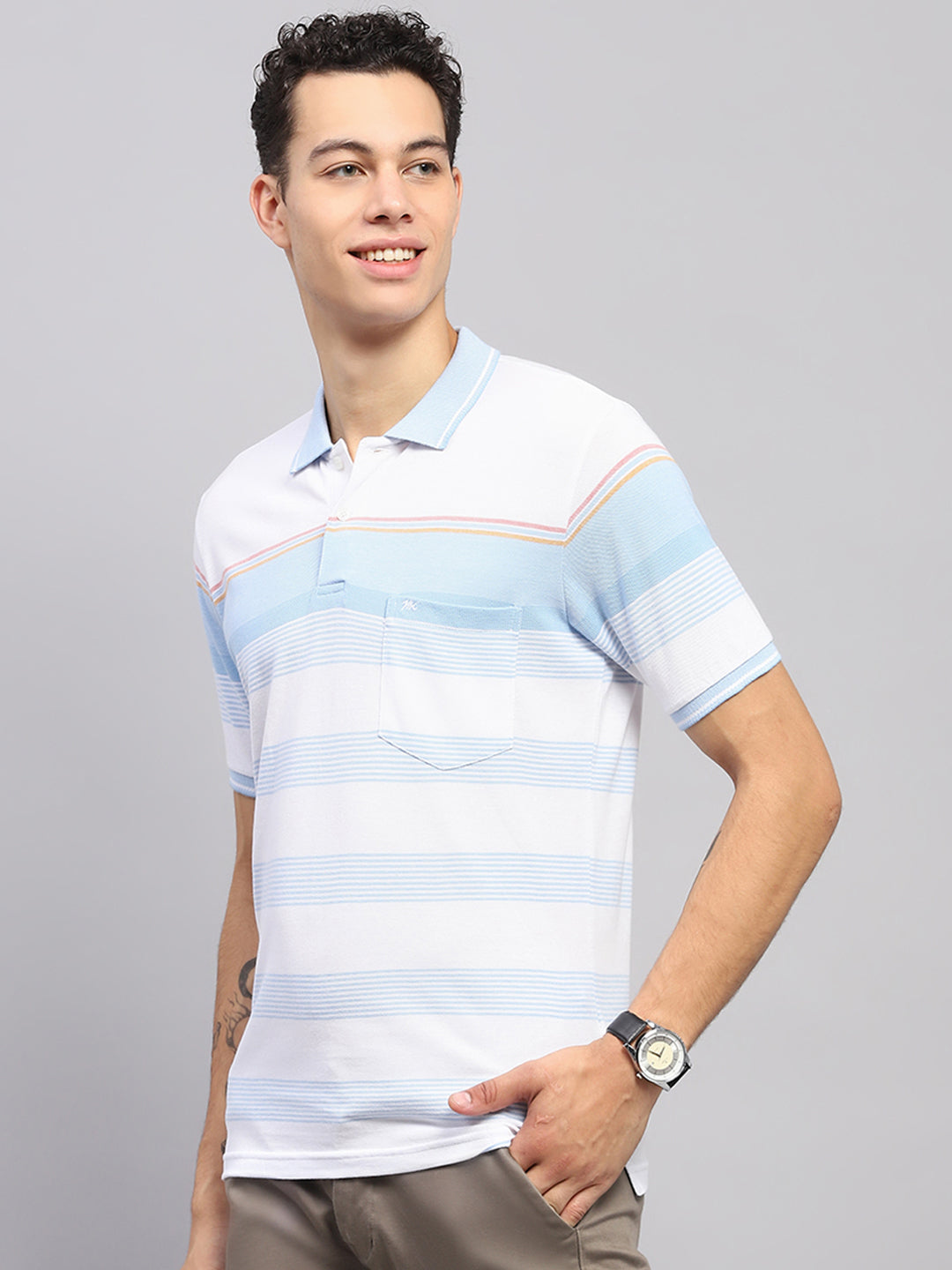 Men Blue Stripe Collar Half Sleeve T-Shirt