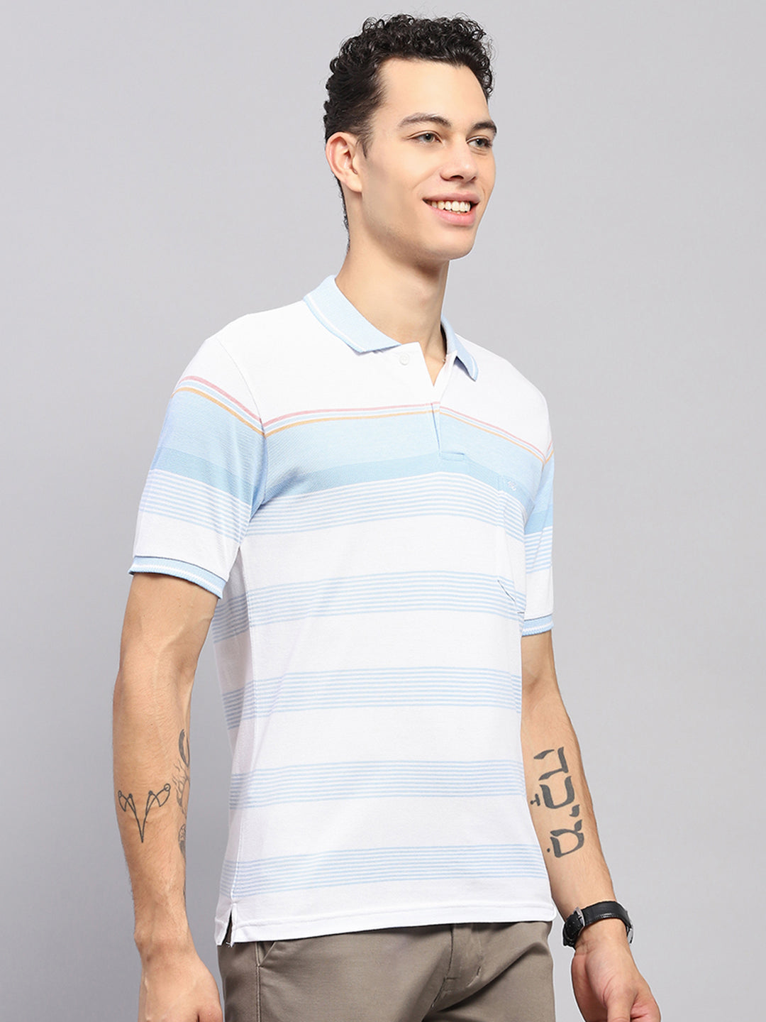 Men Blue Stripe Collar Half Sleeve T-Shirt