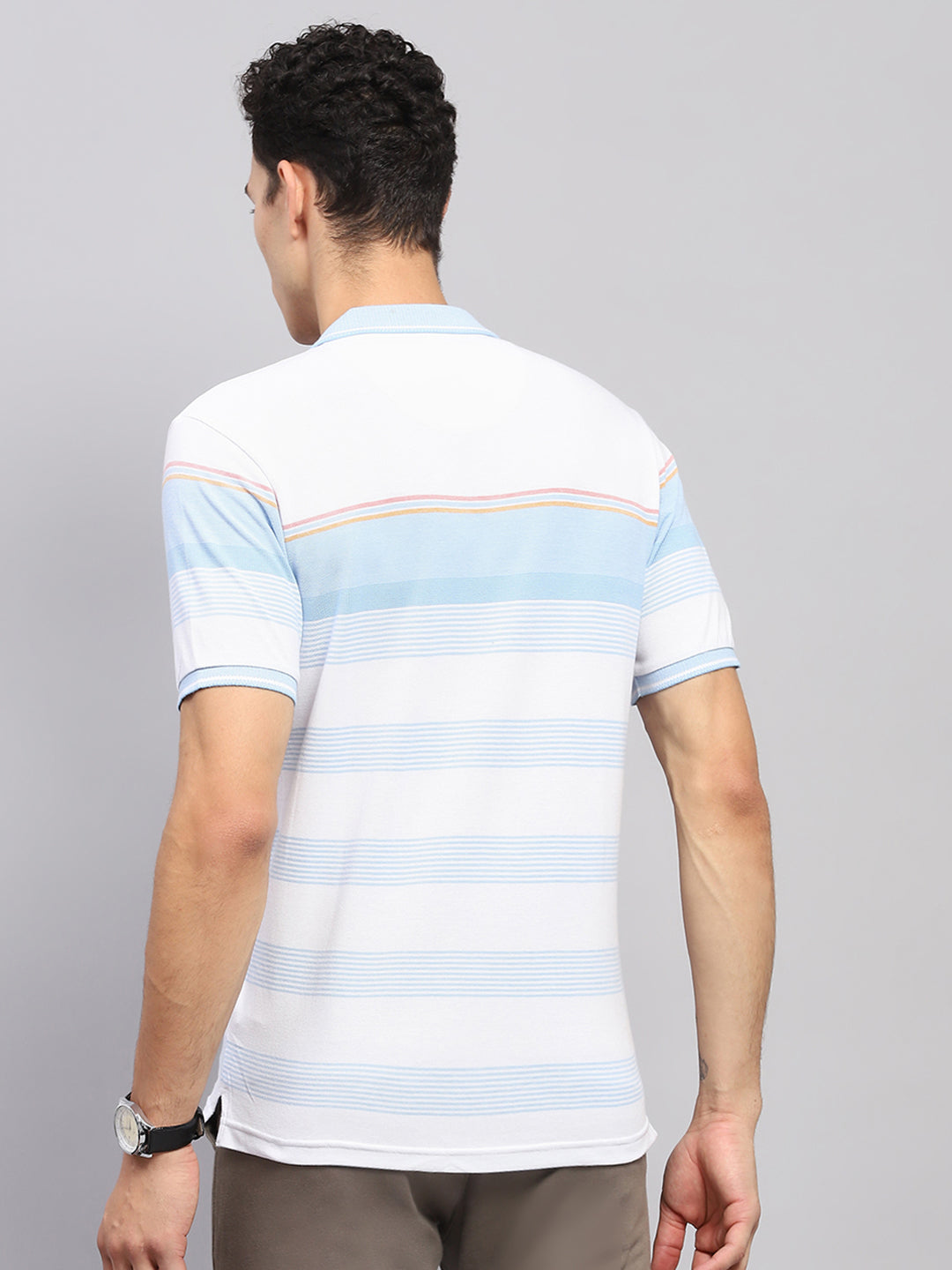 Men Blue Stripe Collar Half Sleeve T-Shirt