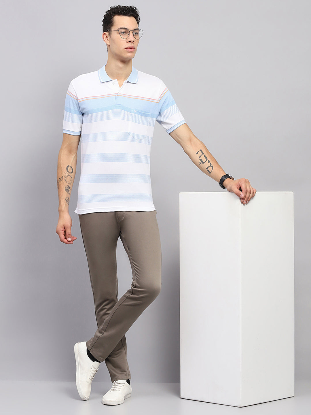 Men Blue Stripe Collar Half Sleeve T-Shirt