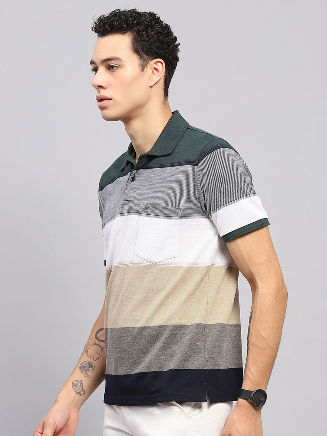 Men Green Stripe Collar Half Sleeve T-Shirt