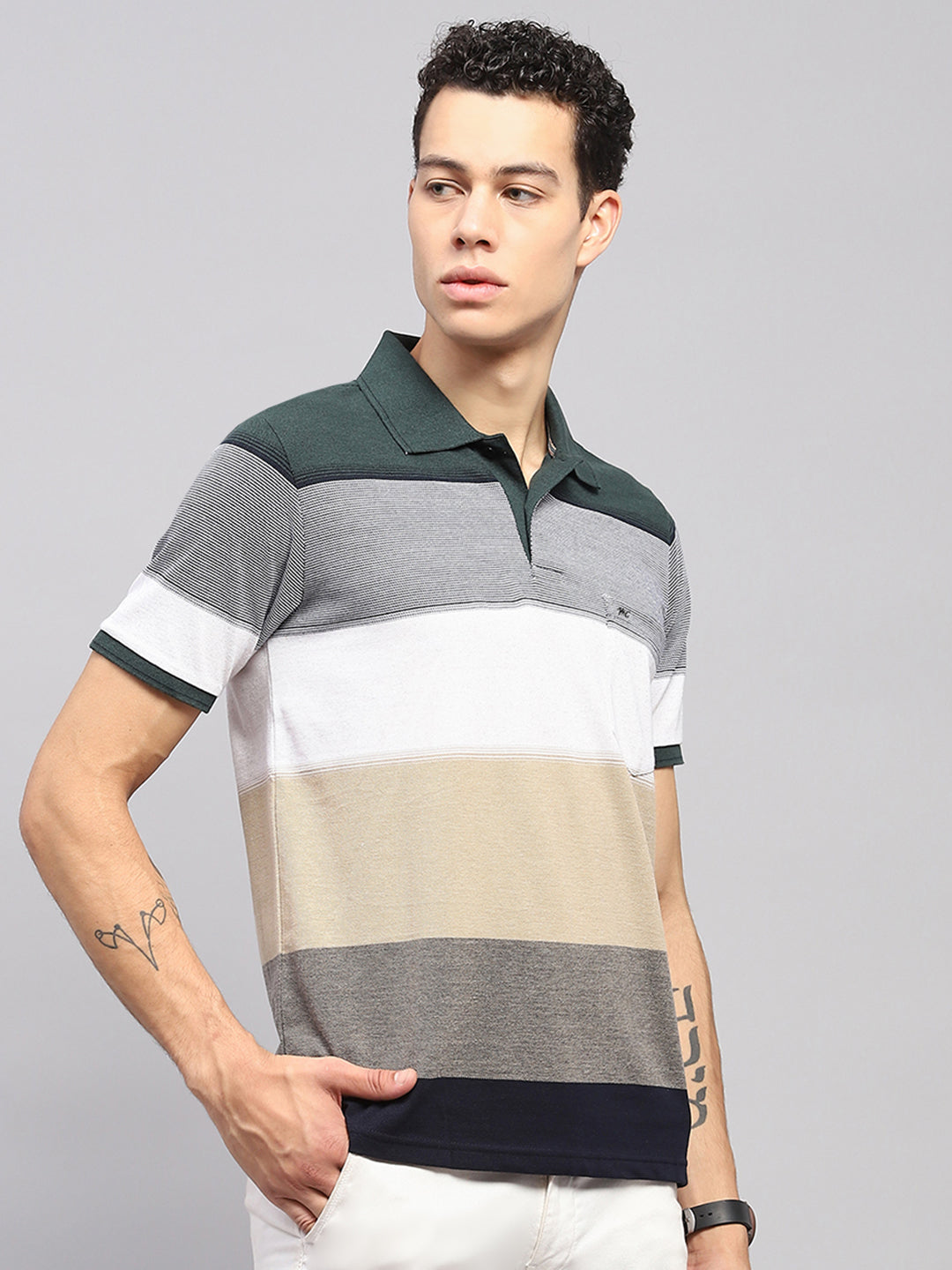 Men Green Stripe Collar Half Sleeve T-Shirt