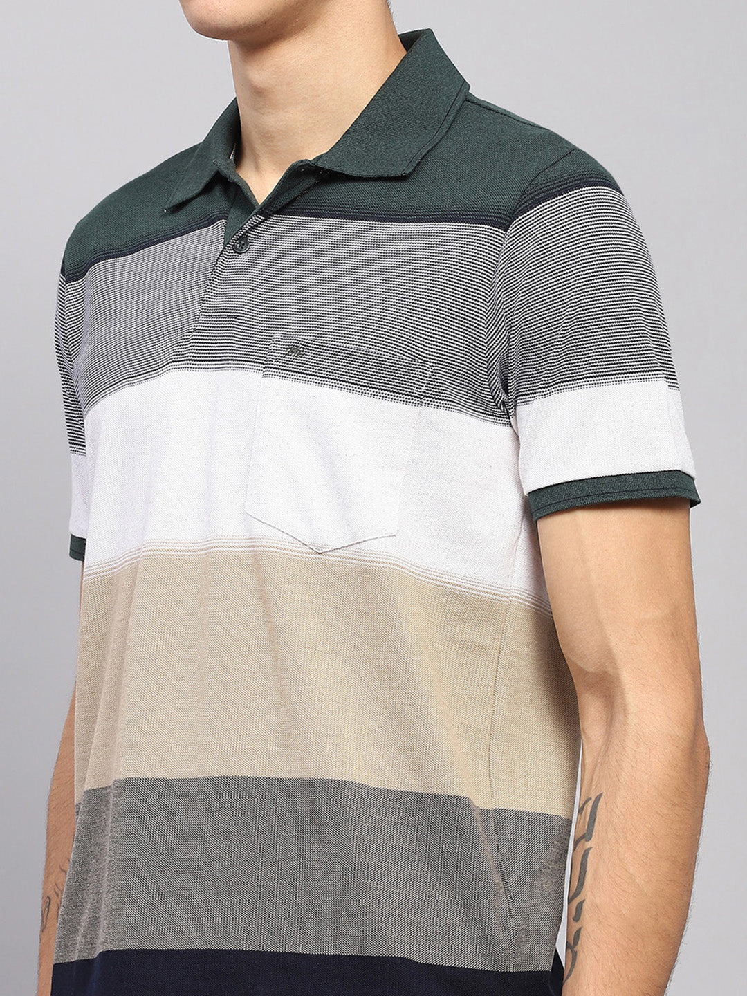 Men Green Stripe Collar Half Sleeve T-Shirt