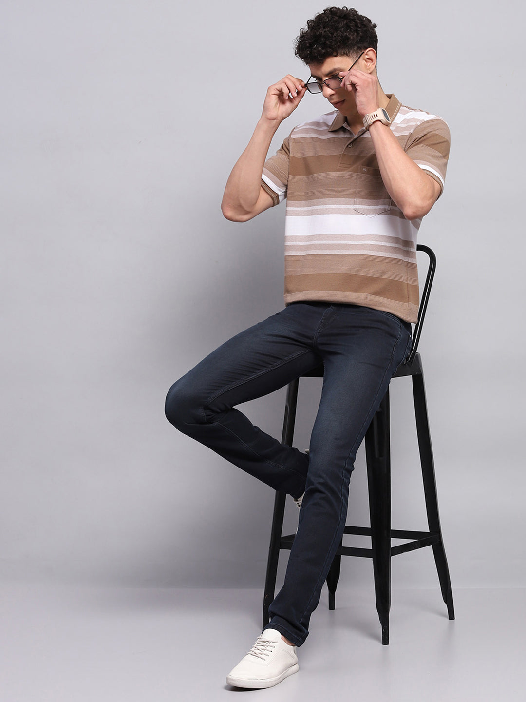 Men Khaki Stripe Collar Half Sleeve T-Shirt