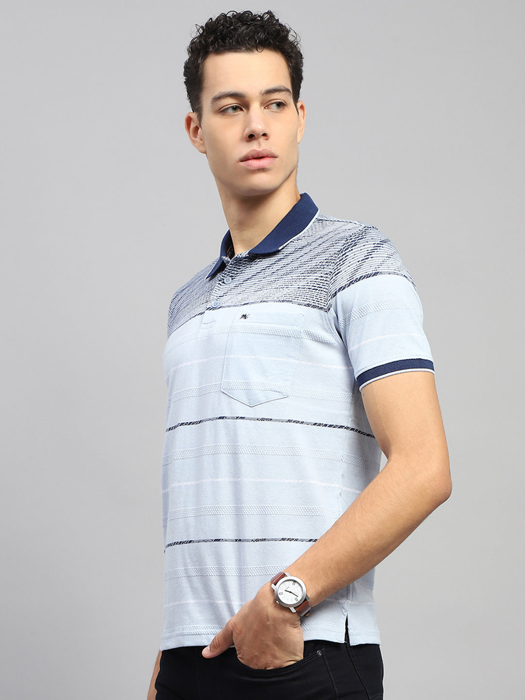 Men Blue Stripe Collar Half Sleeve T-Shirt
