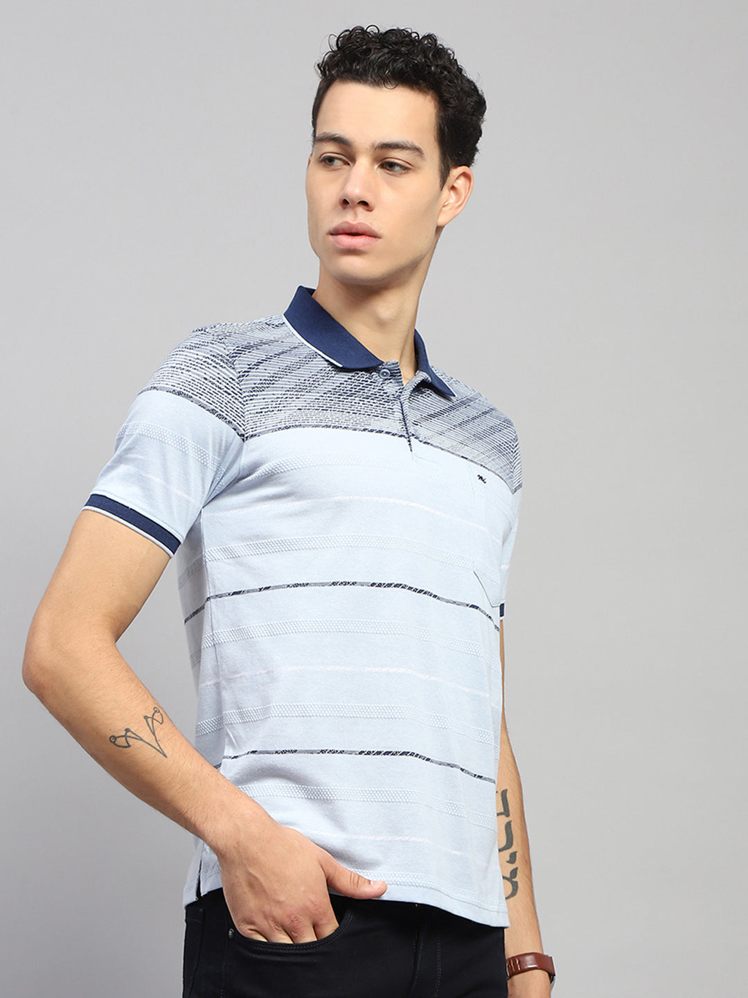 Men Blue Stripe Collar Half Sleeve T-Shirt