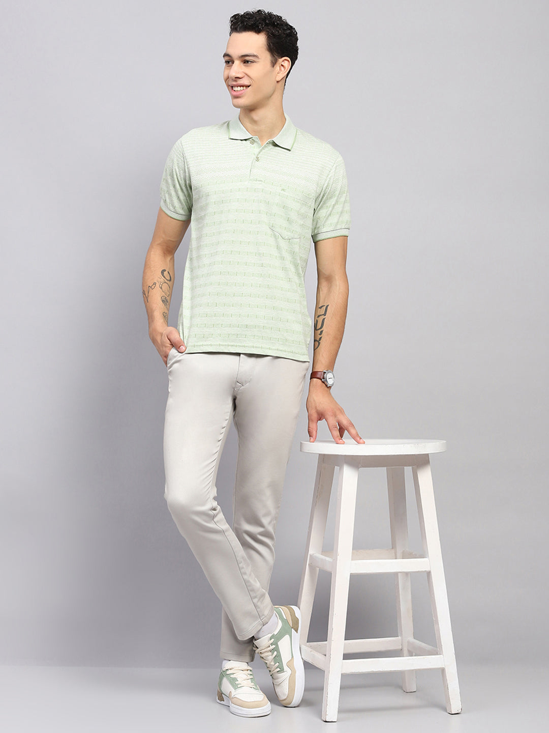 Men Green Stripe Collar Half Sleeve T-Shirt