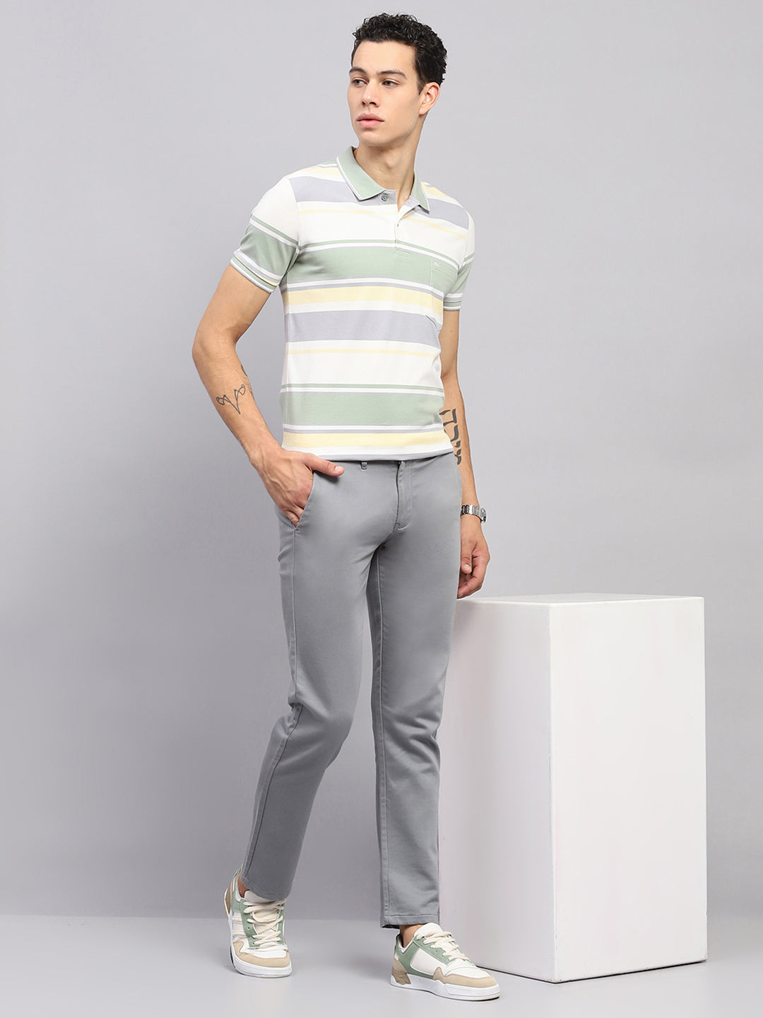 Men Green Stripe Collar Half Sleeve T-Shirt