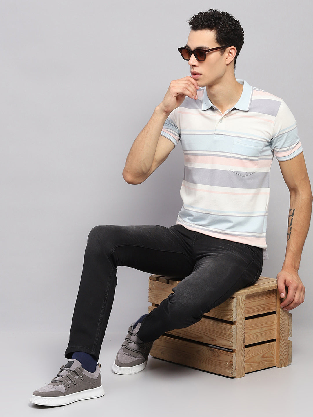 Men Blue & White Stripe Collar Half Sleeve T-Shirt