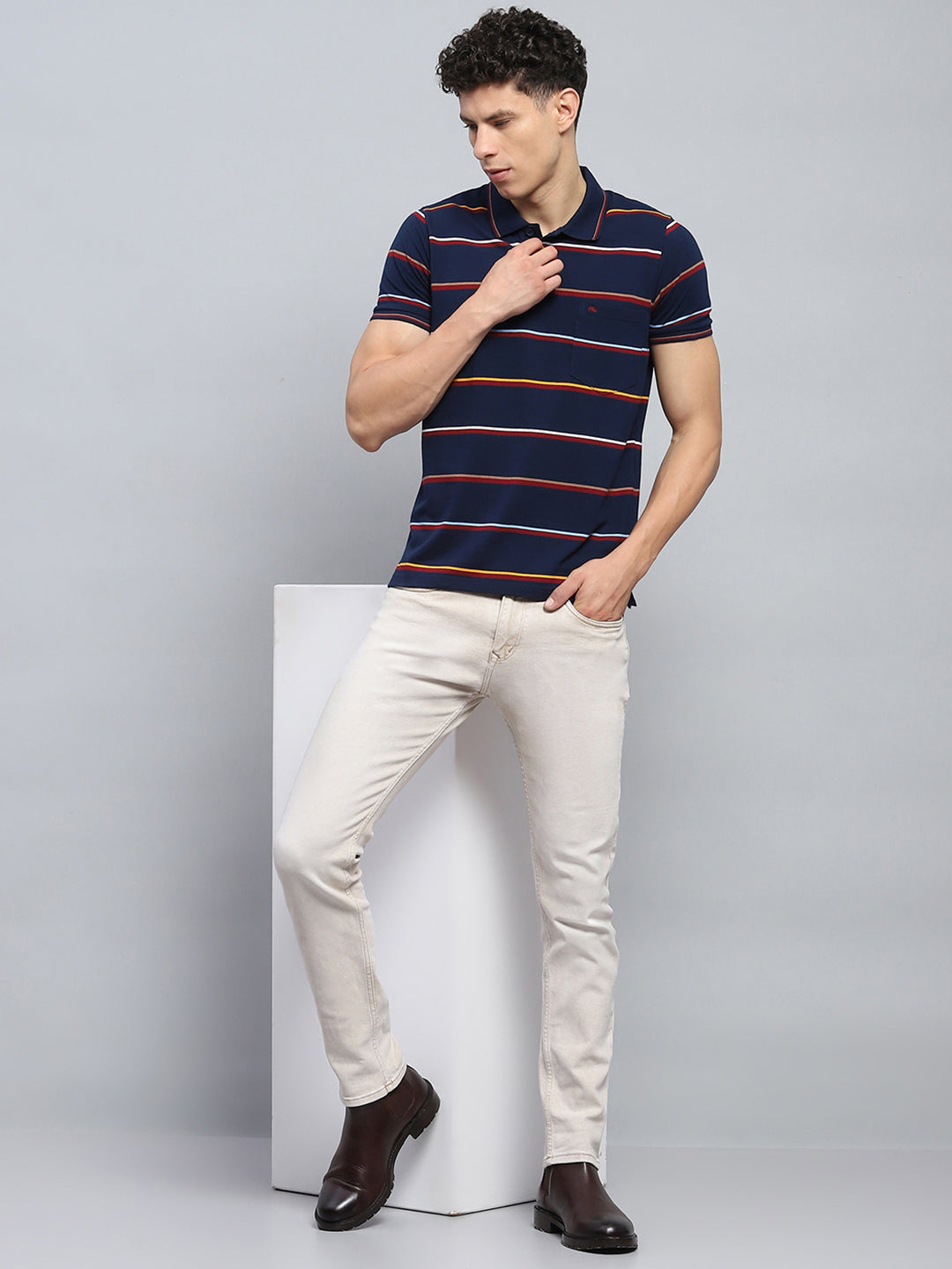 Men Navy Blue Stripe Collar Half Sleeve T-Shirt