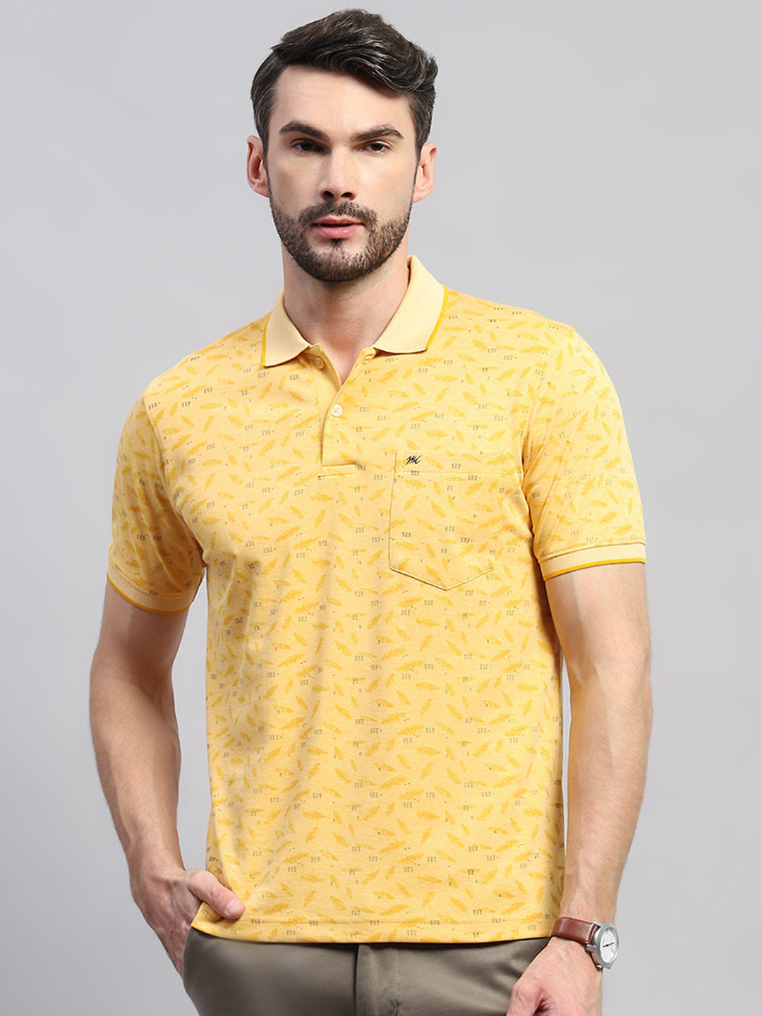 Men Yellow Printed Collar Half Sleeve T-Shirt