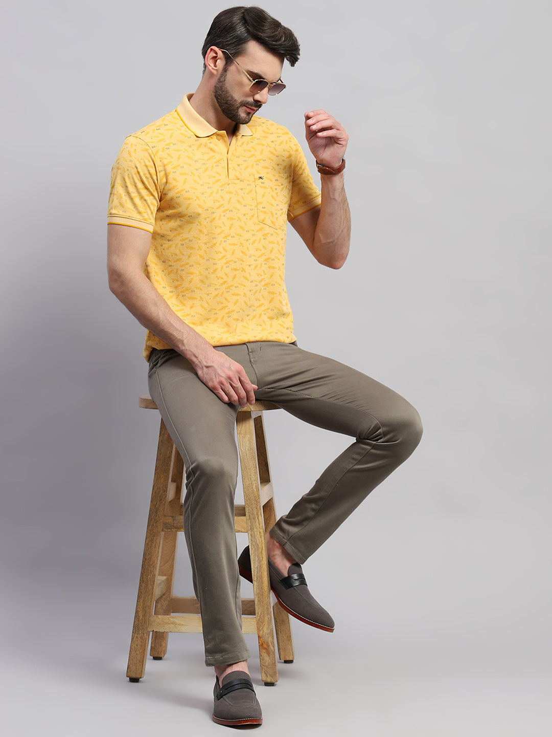 Men Yellow Printed Collar Half Sleeve T-Shirt