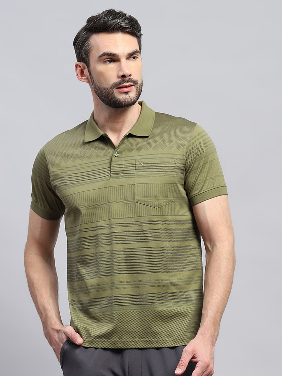 Men Olive Self Design Collar Half Sleeve T-Shirt