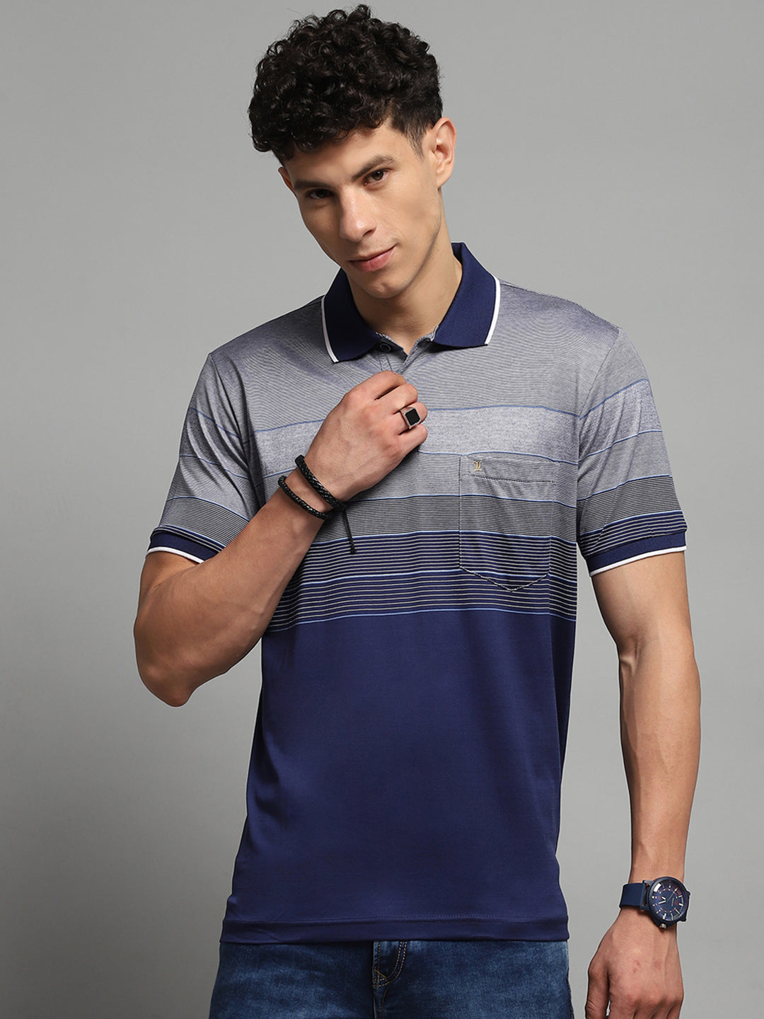 Luxuria Men Navy Blue Stripe Collar Half Sleeve T-Shirt