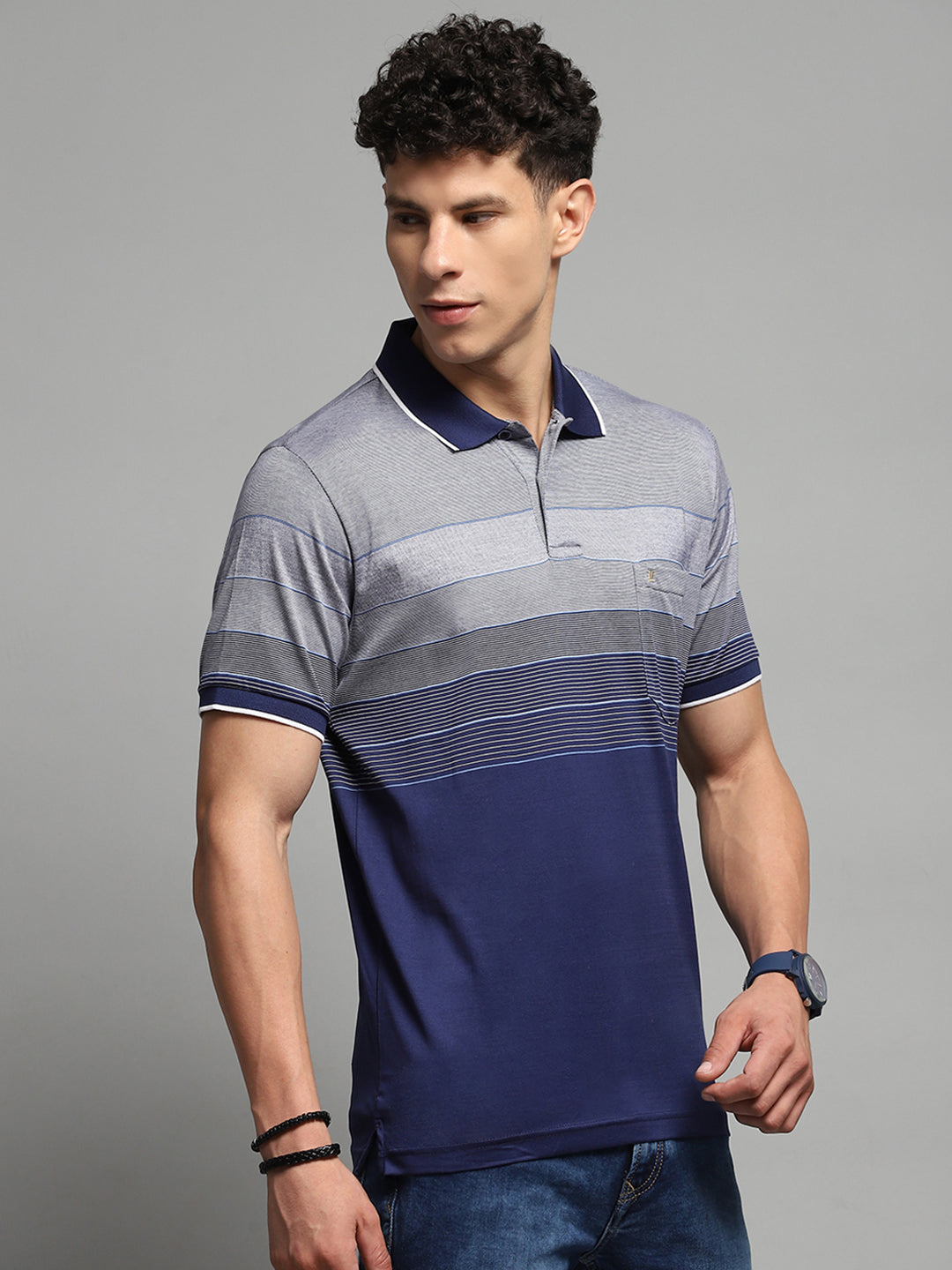 Luxuria Men Navy Blue Stripe Collar Half Sleeve T-Shirt