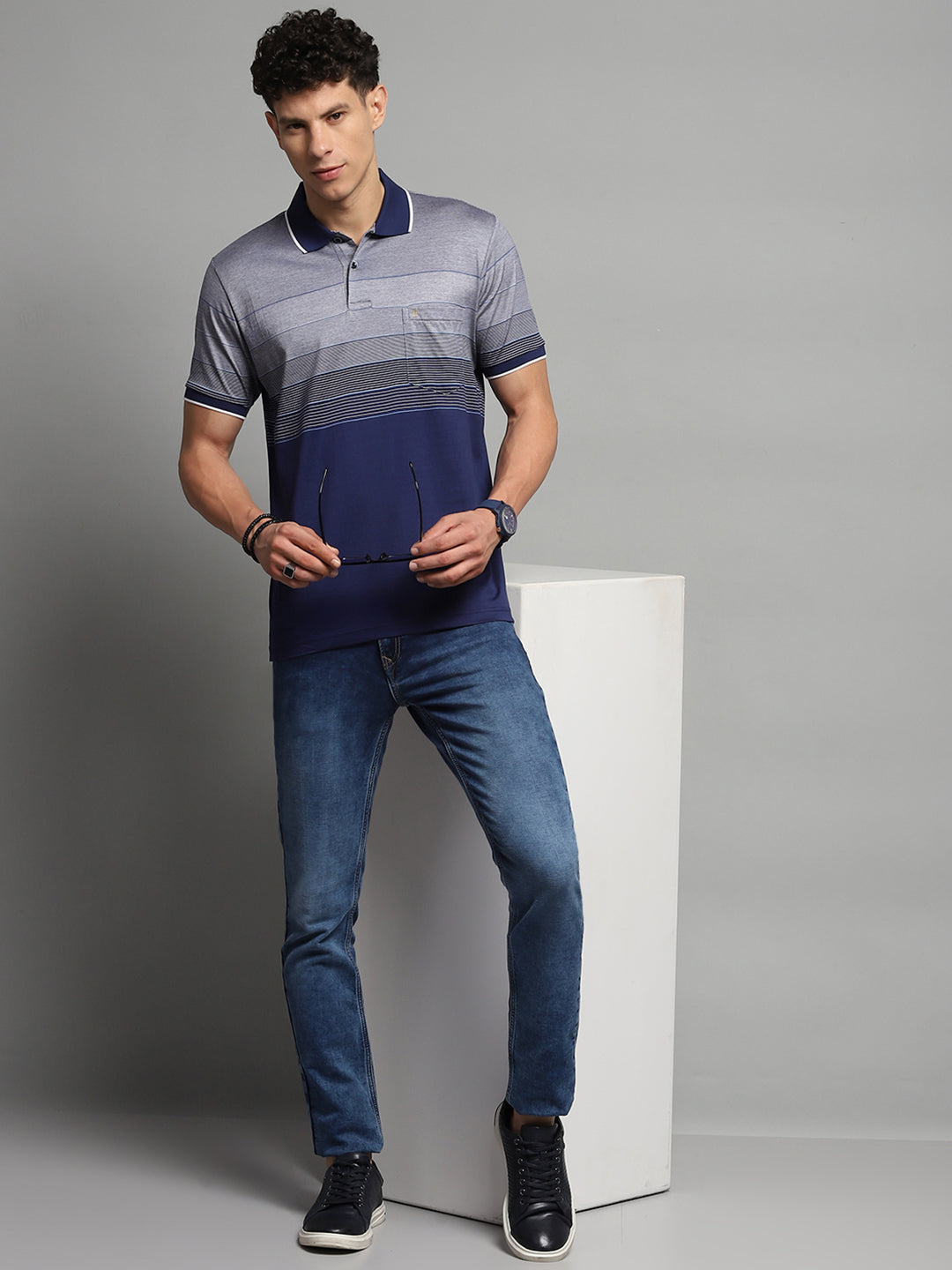 Luxuria Men Navy Blue Stripe Collar Half Sleeve T-Shirt