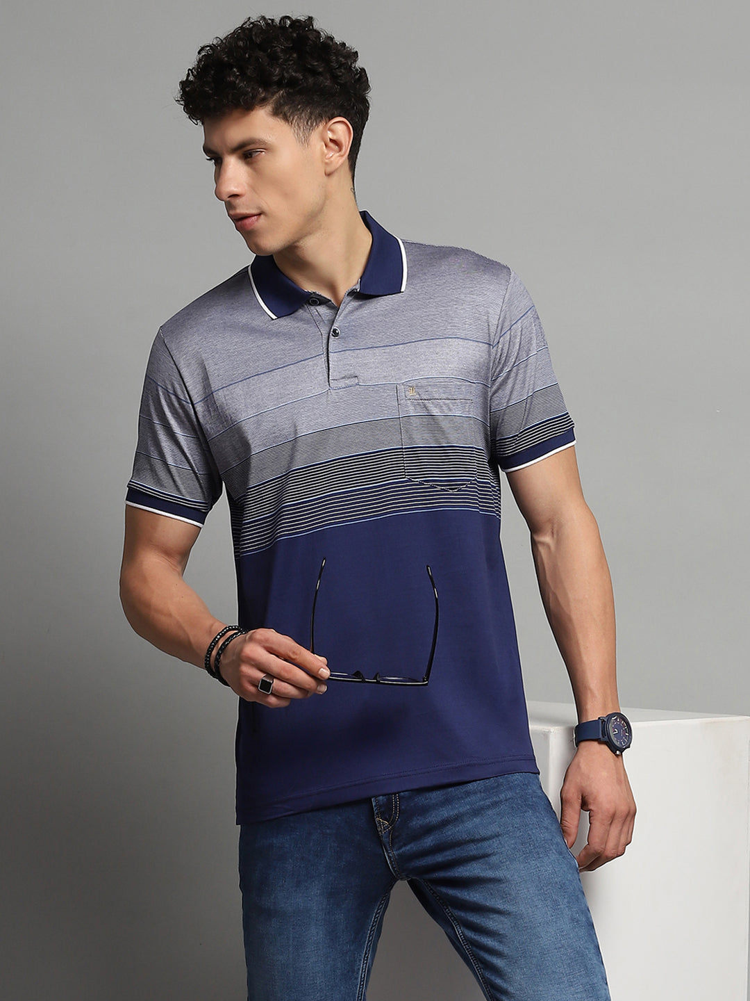 Luxuria Men Navy Blue Stripe Collar Half Sleeve T-Shirt