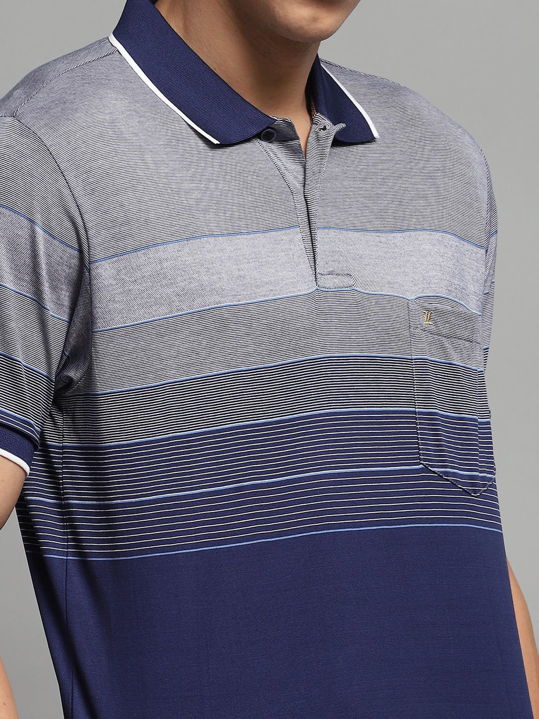 Luxuria Men Navy Blue Stripe Collar Half Sleeve T-Shirt