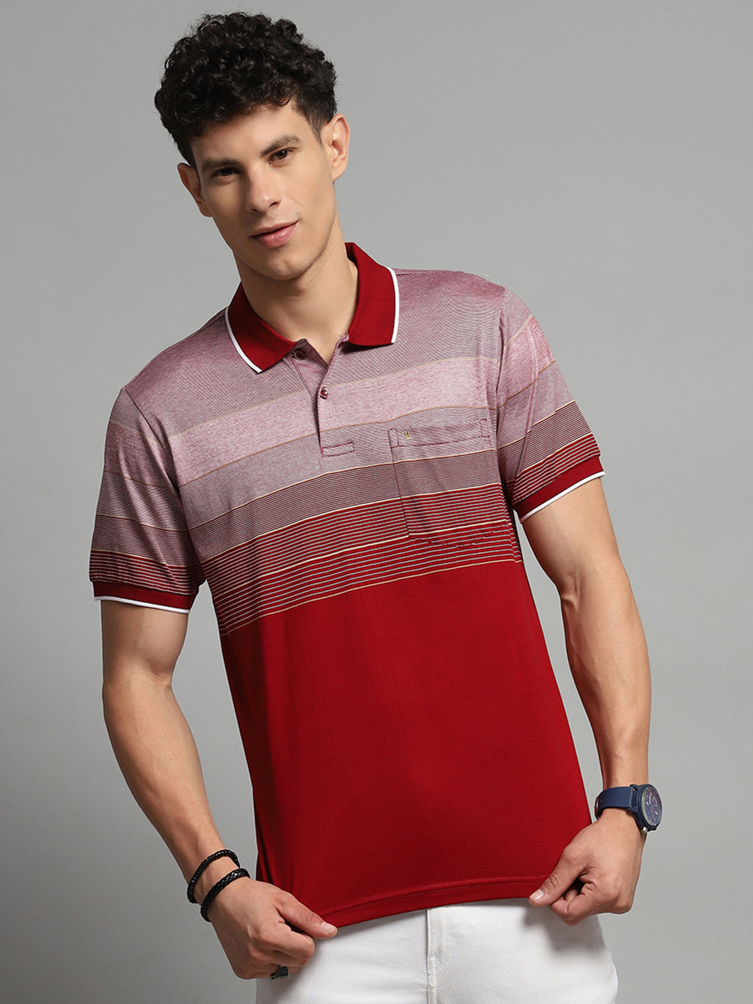 Luxuria Men Maroon Stripe Collar Half Sleeve T-Shirt