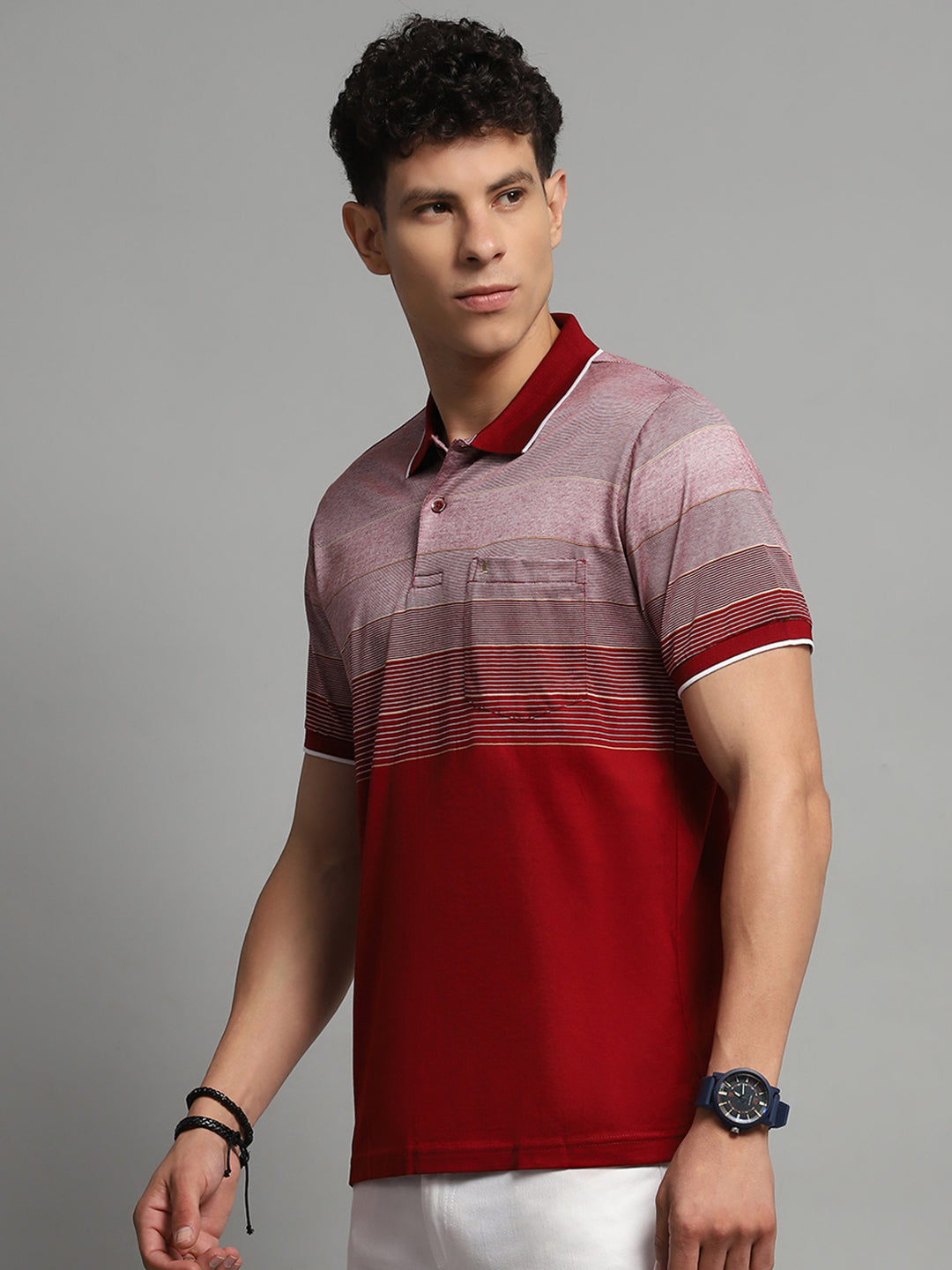 Luxuria Men Maroon Stripe Collar Half Sleeve T-Shirt