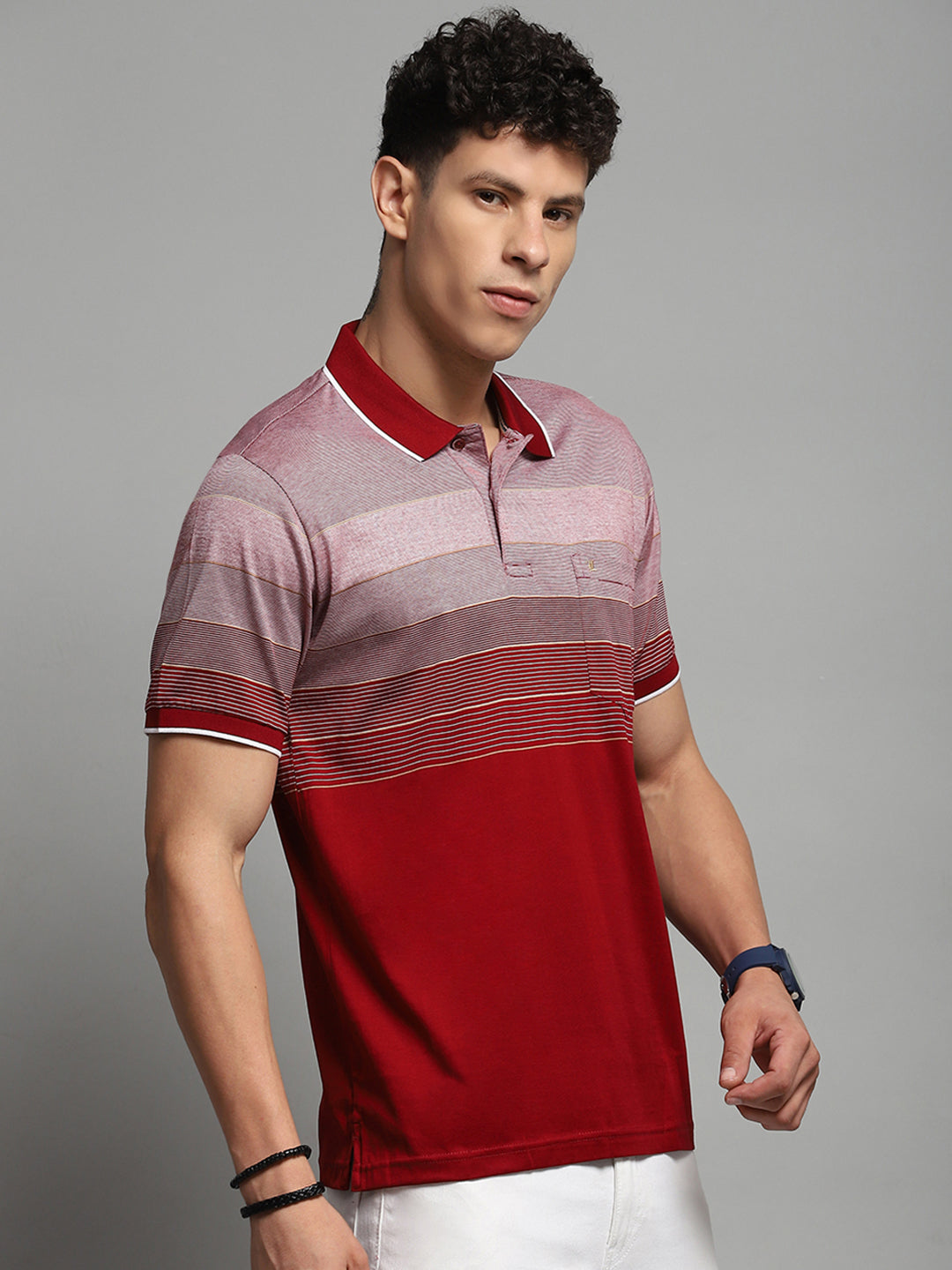 Luxuria Men Maroon Stripe Collar Half Sleeve T-Shirt