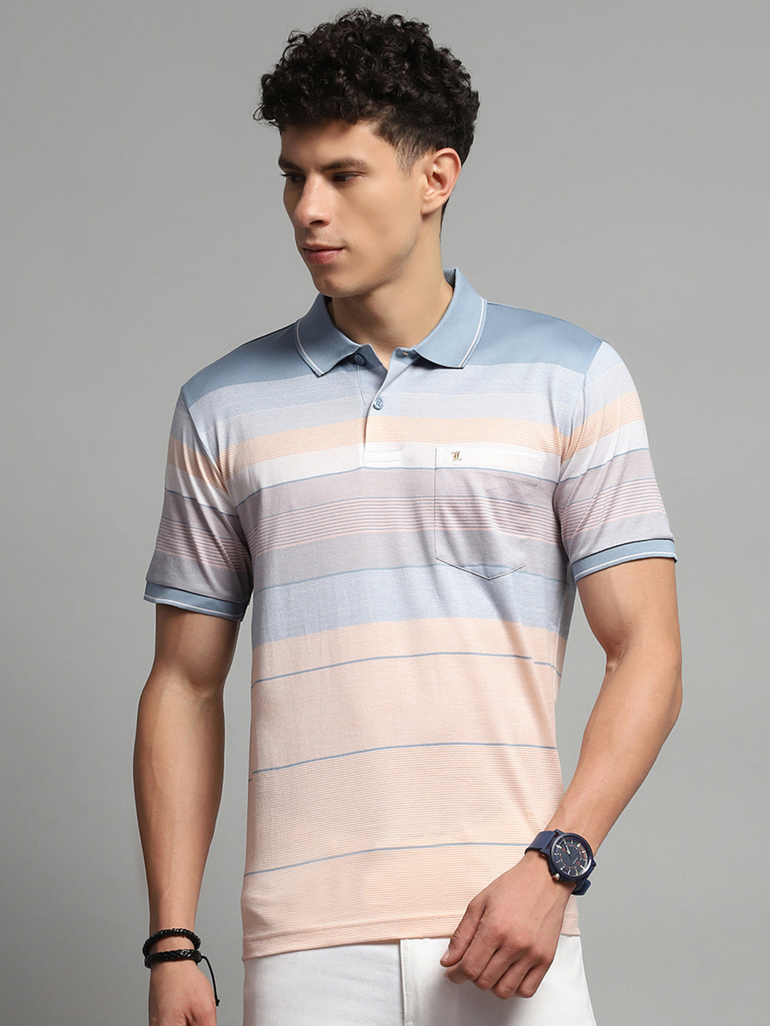 Buy Men Blue Stripe Collar Half Sleeve T-Shirt Online in India