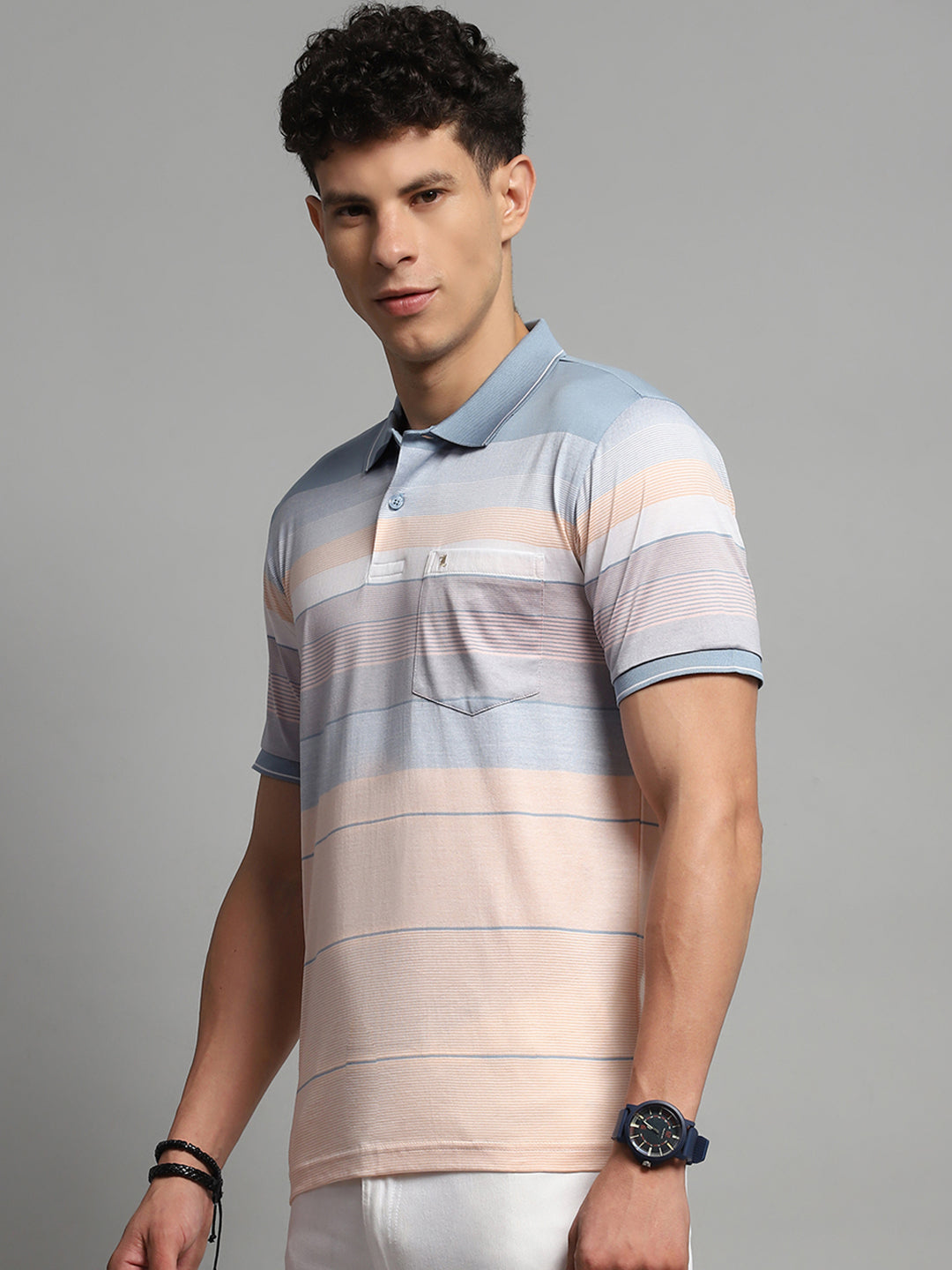 Luxuria Men Blue Stripe Collar Half Sleeve T-Shirt