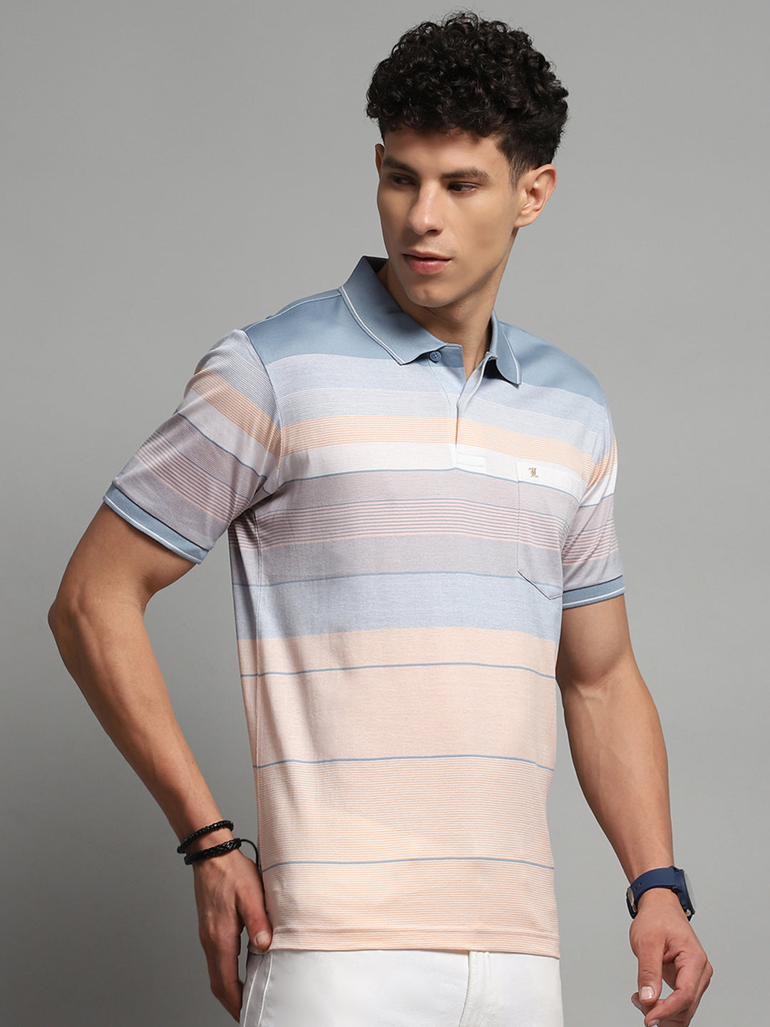Luxuria Men Blue Stripe Collar Half Sleeve T-Shirt
