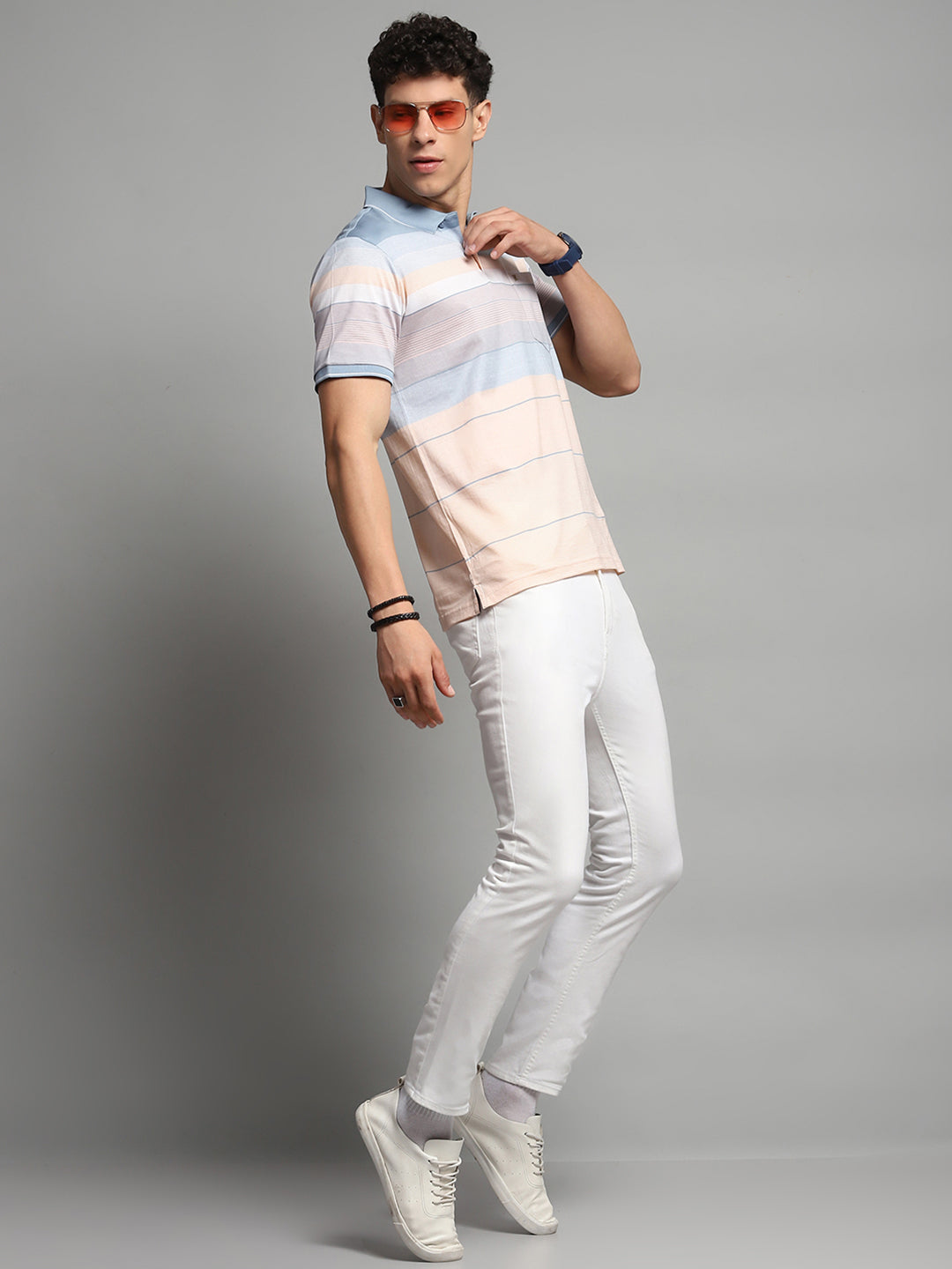 Luxuria Men Blue Stripe Collar Half Sleeve T-Shirt