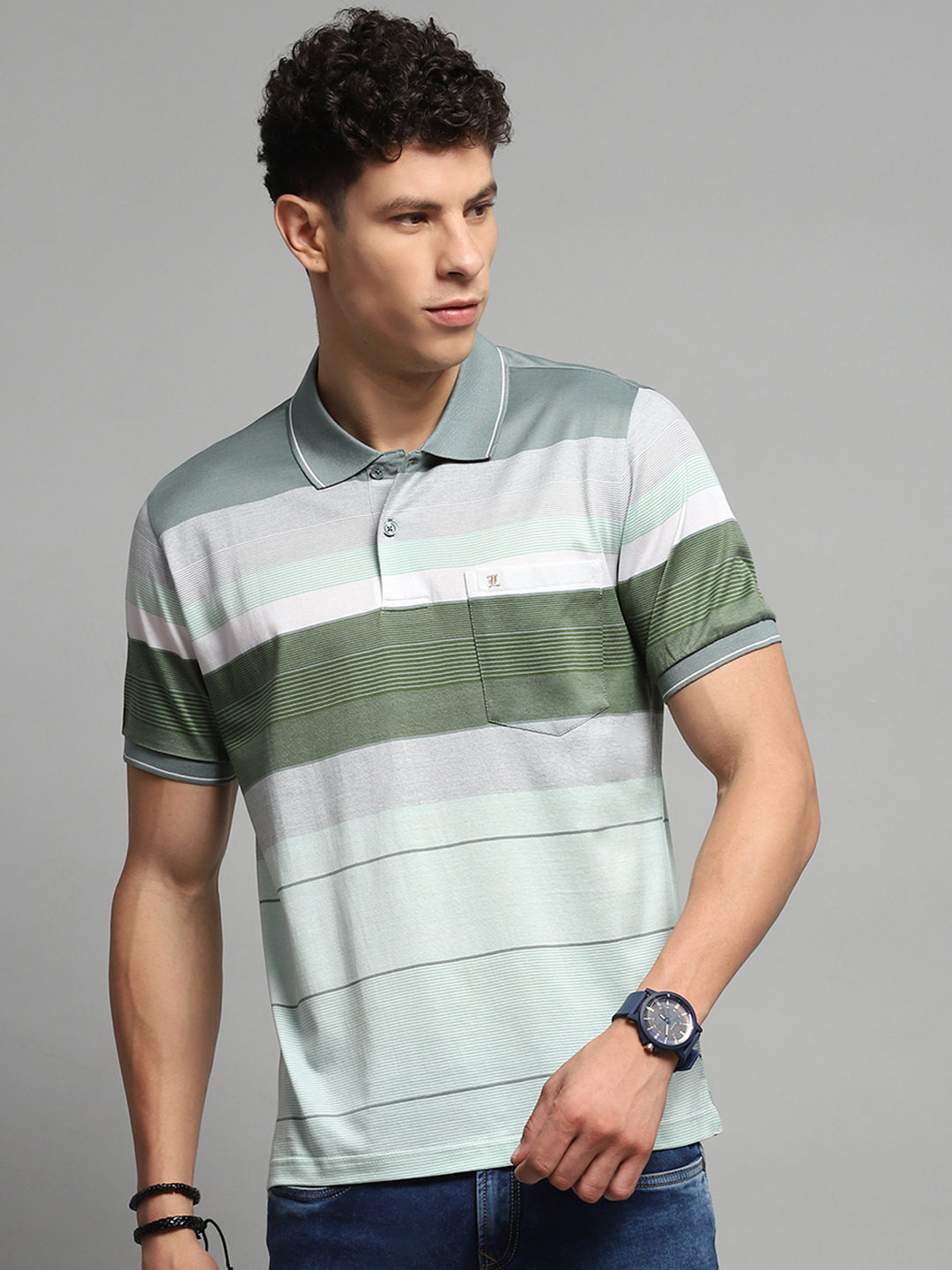 Luxuria Men Green Stripe Collar Half Sleeve T-Shirt
