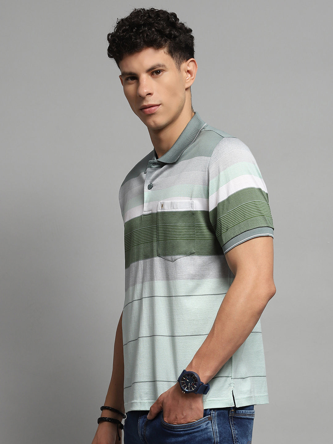 Luxuria Men Green Stripe Collar Half Sleeve T-Shirt