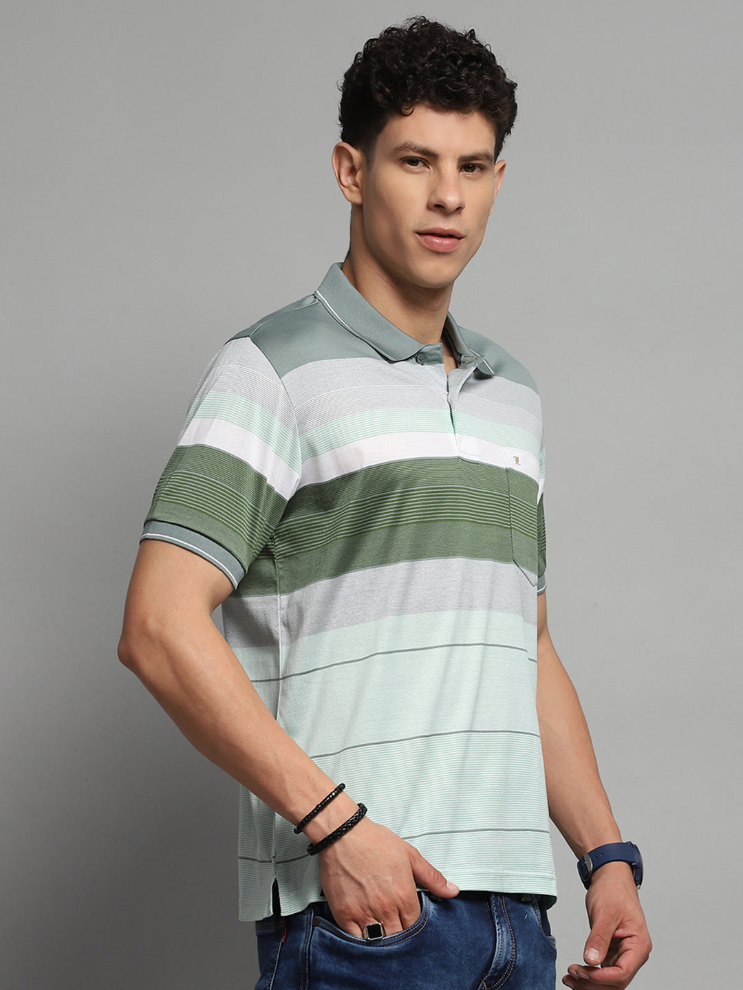 Luxuria Men Green Stripe Collar Half Sleeve T-Shirt