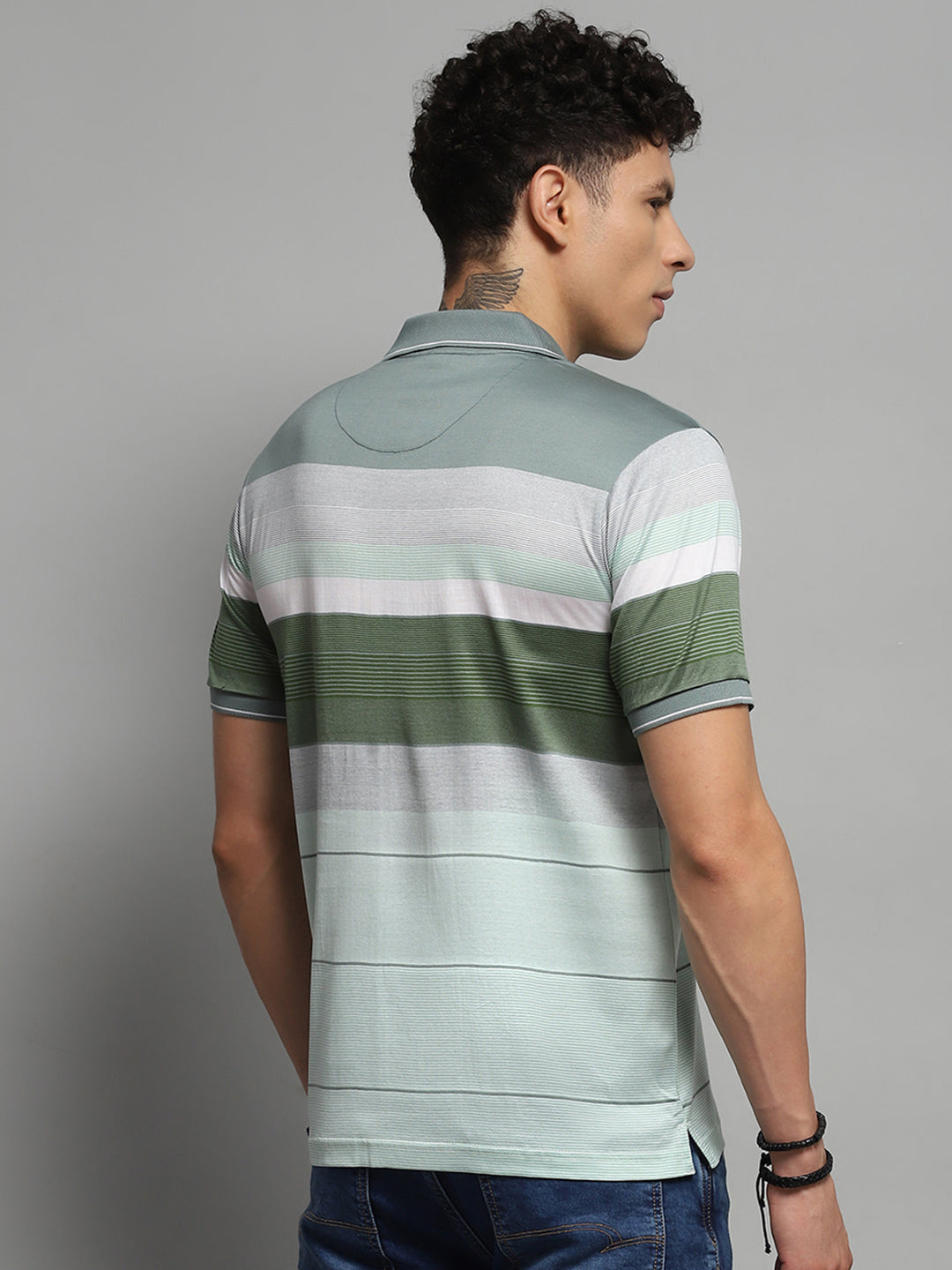 Luxuria Men Green Stripe Collar Half Sleeve T-Shirt