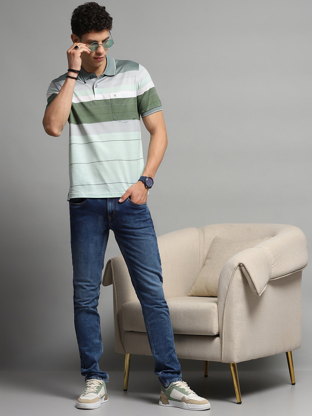 Luxuria Men Green Stripe Collar Half Sleeve T-Shirt