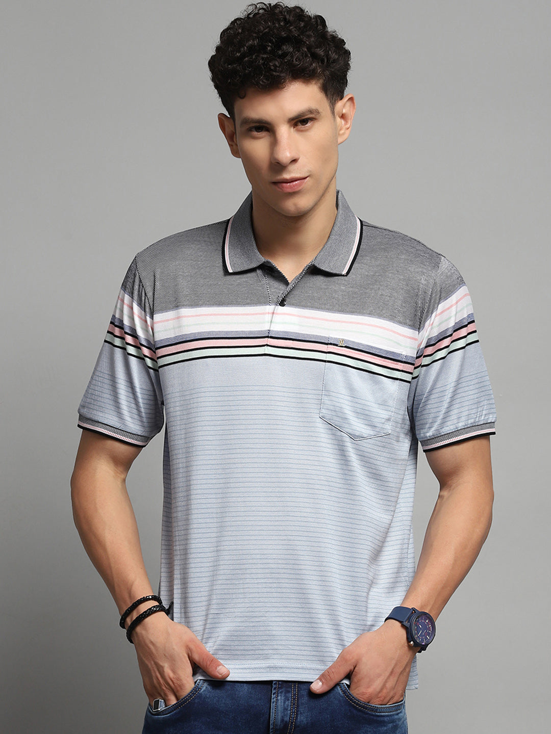 Luxuria Men Blue Stripe Collar Half Sleeve T-Shirt