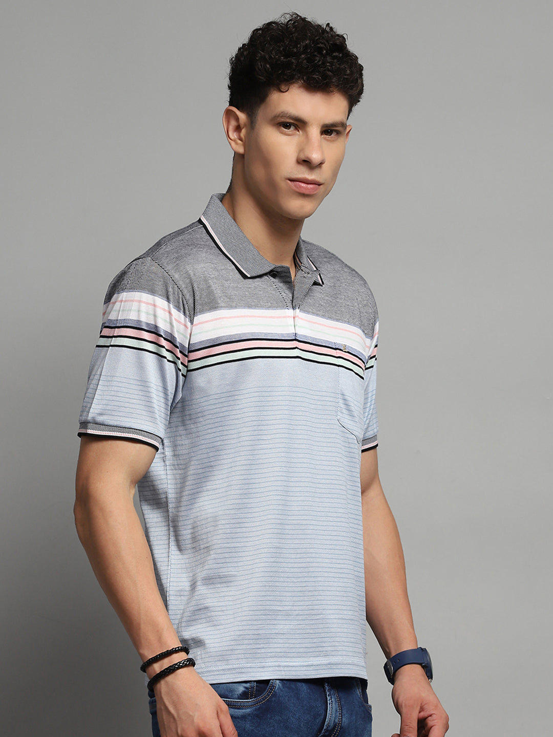 Luxuria Men Blue Stripe Collar Half Sleeve T-Shirt