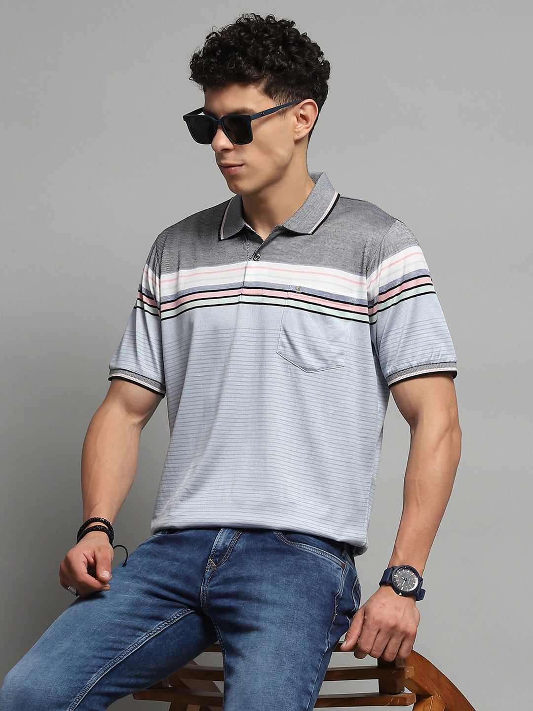 Luxuria Men Blue Stripe Collar Half Sleeve T-Shirt