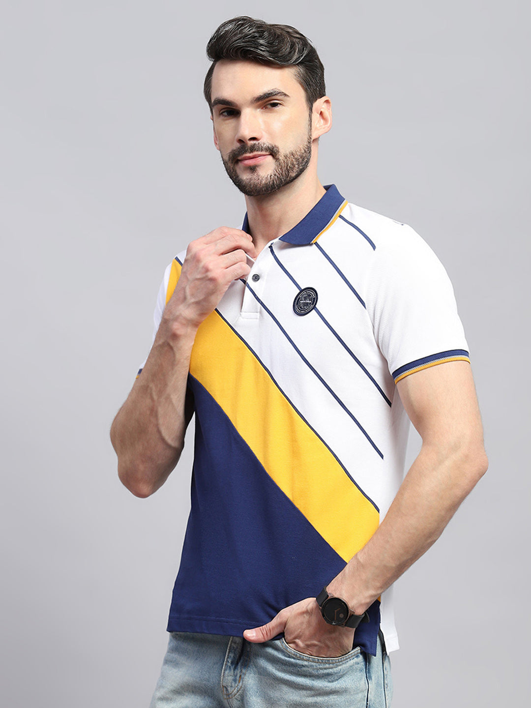 Men White & Blue Stripe Collar Half Sleeve T-Shirt