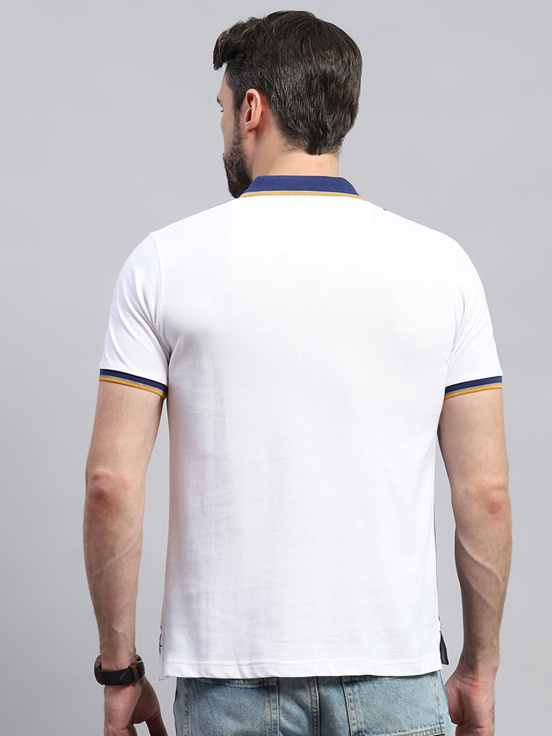 Men White & Blue Stripe Collar Half Sleeve T-Shirt