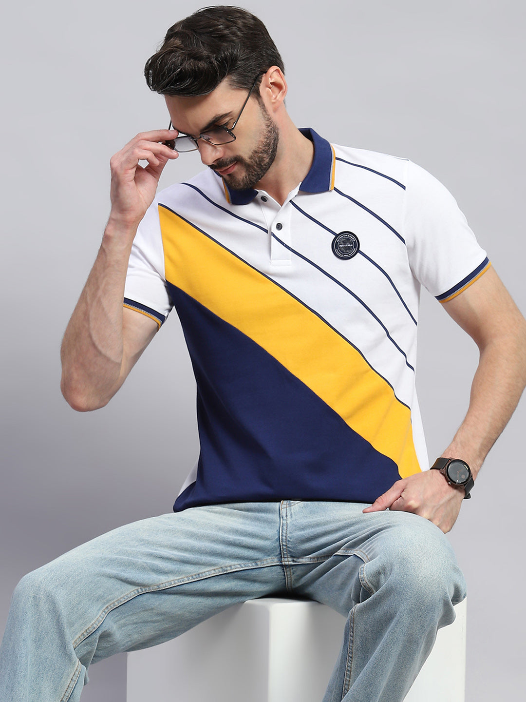 Men White & Blue Stripe Collar Half Sleeve T-Shirt