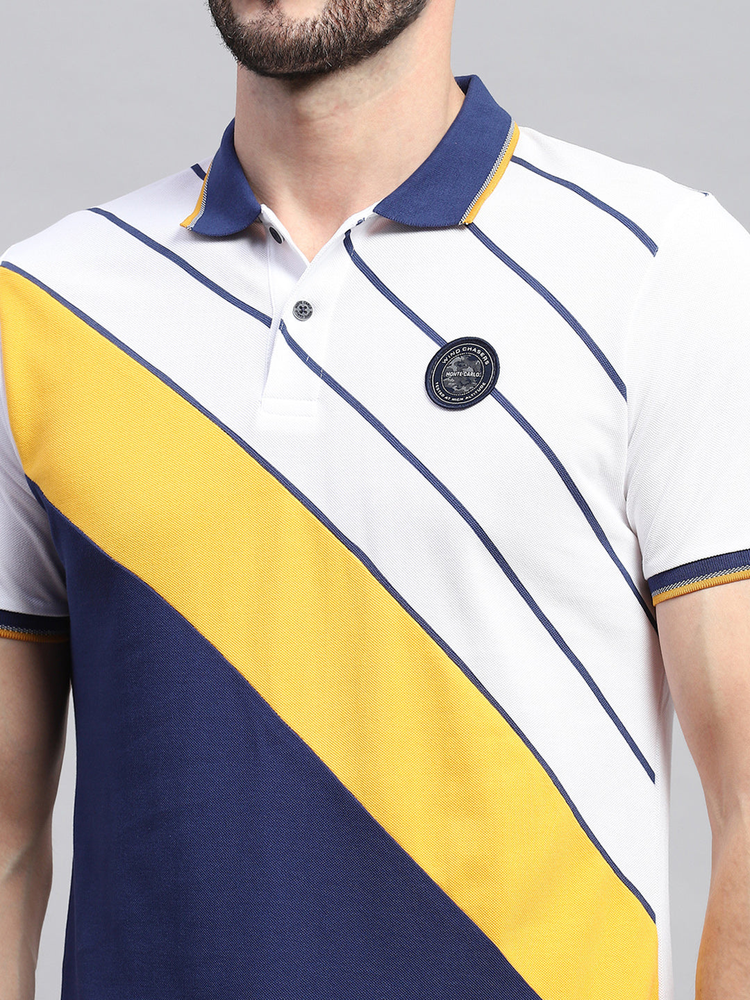 Men White & Blue Stripe Collar Half Sleeve T-Shirt