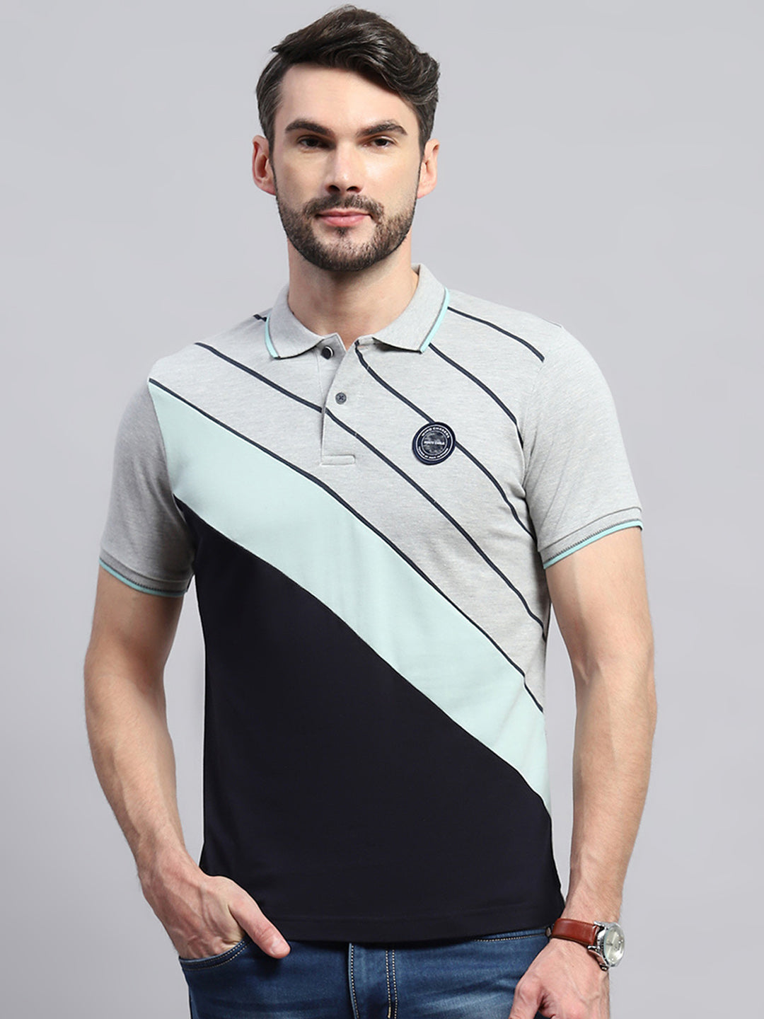 Men Grey Self Design Collar Half Sleeve T-Shirt