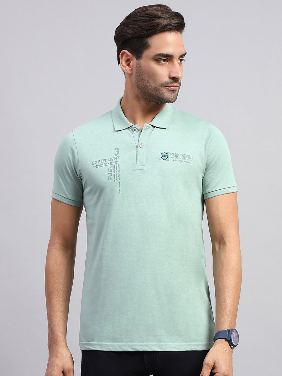 Men Green Printed Collar Half Sleeve T-Shirt