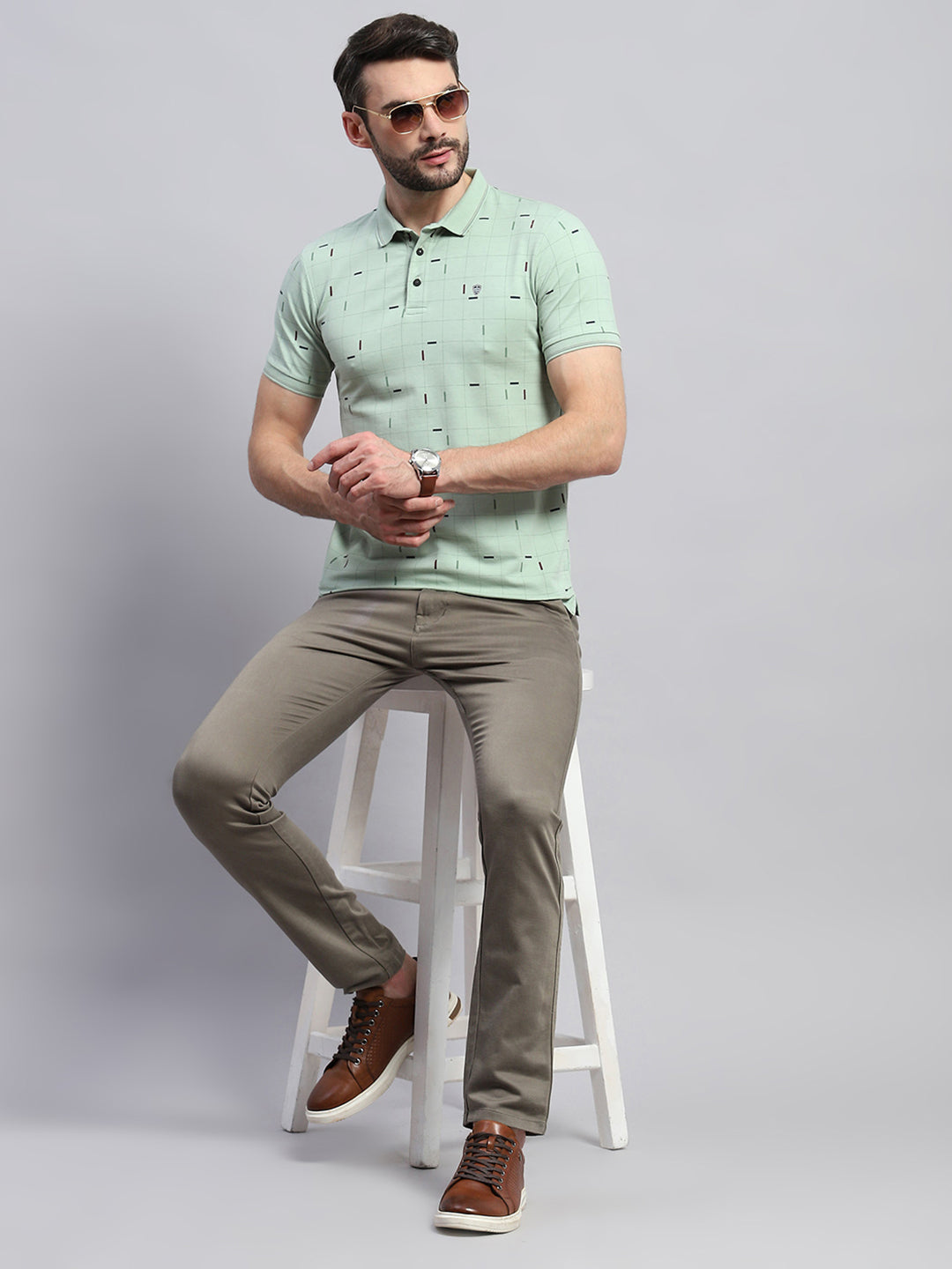 Men Green Printed Collar Half Sleeve T-Shirt