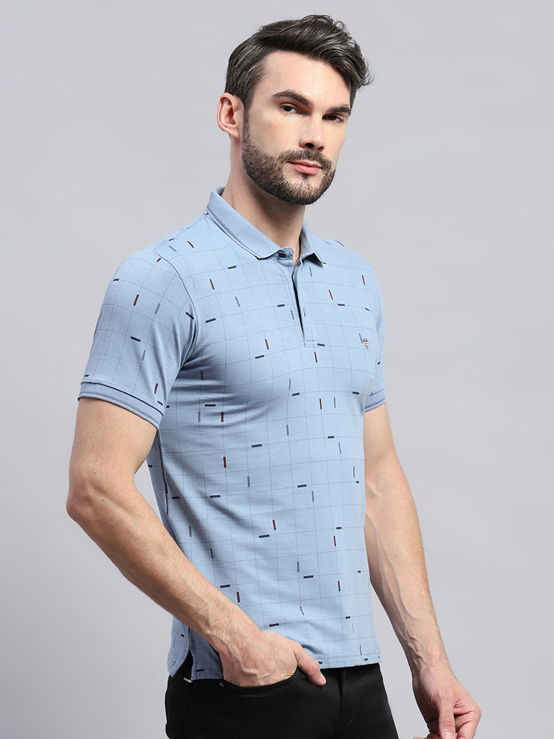 Men Blue Printed Collar Half Sleeve T-Shirt