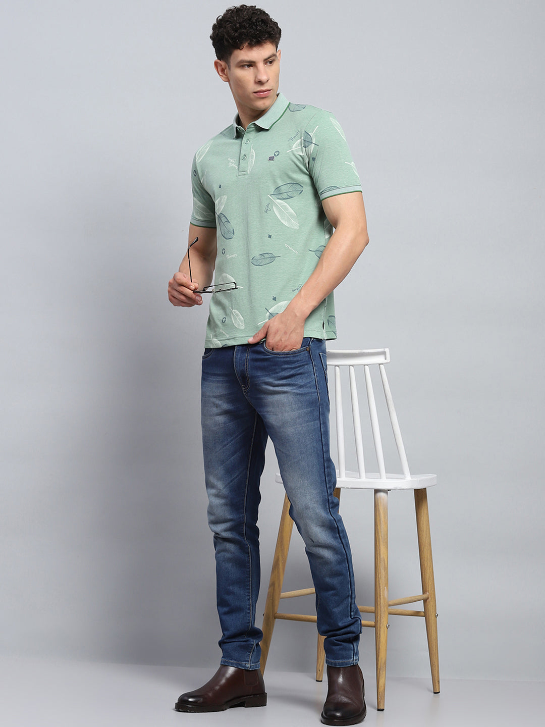 Men Green Printed Collar Half Sleeve T-Shirt