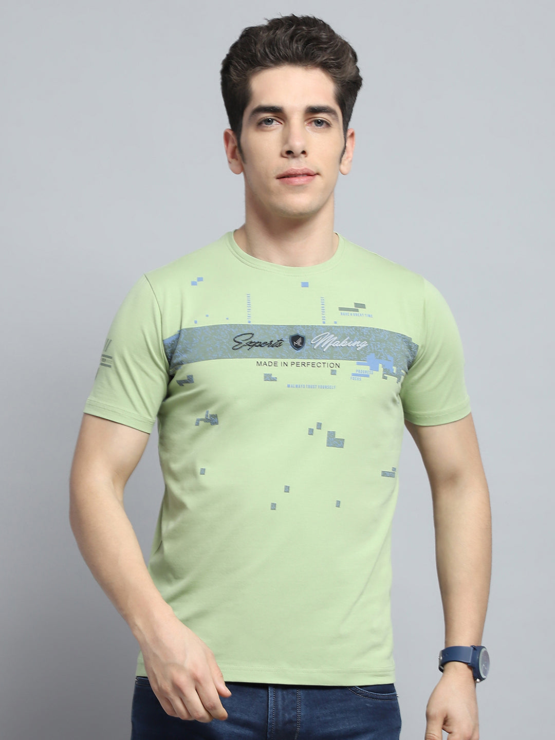 Men Green Printed Round Neck Half Sleeve T-Shirt
