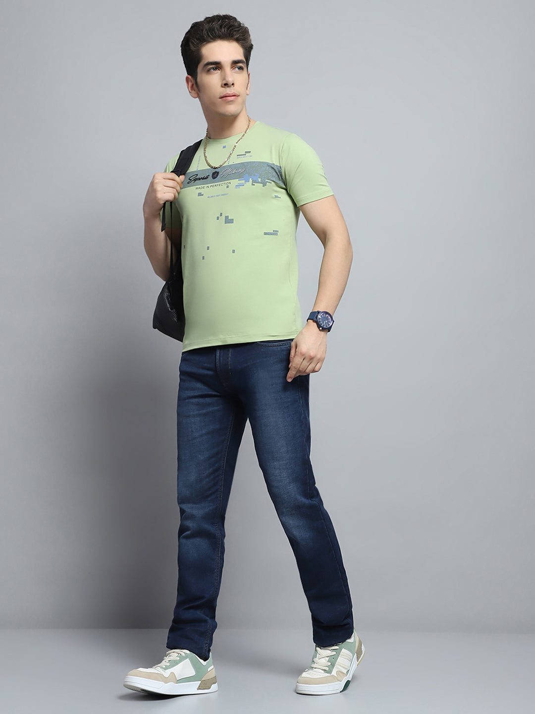 Men Green Printed Round Neck Half Sleeve T-Shirt