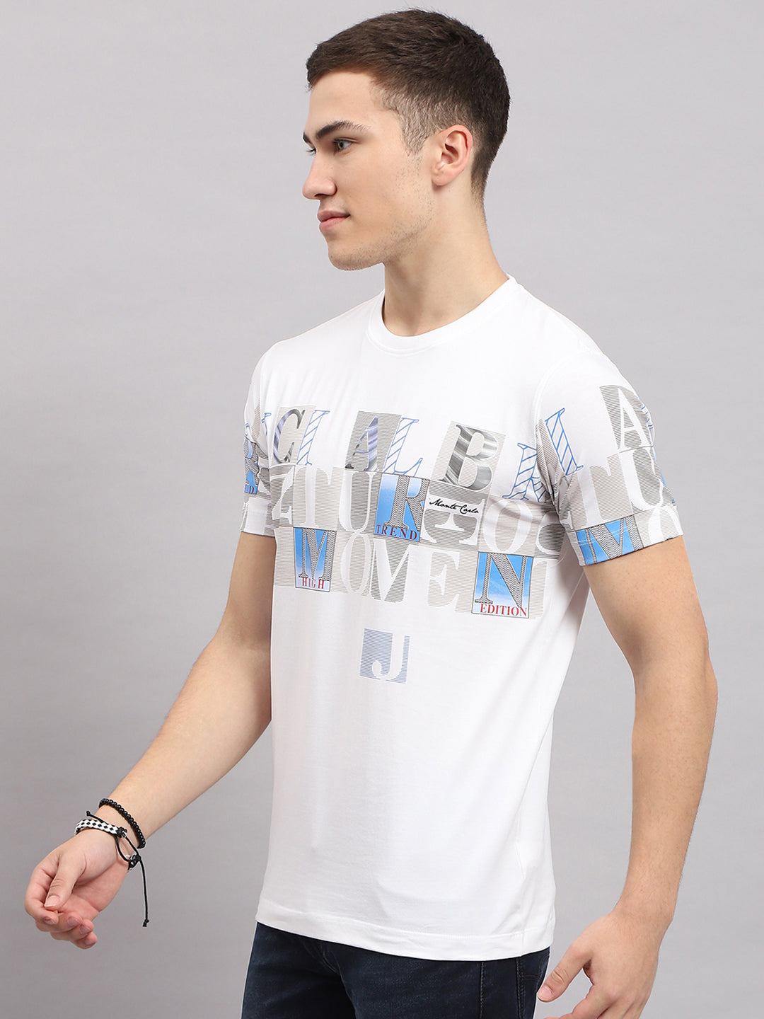 Men White Printed Round Neck Half Sleeve T-Shirt