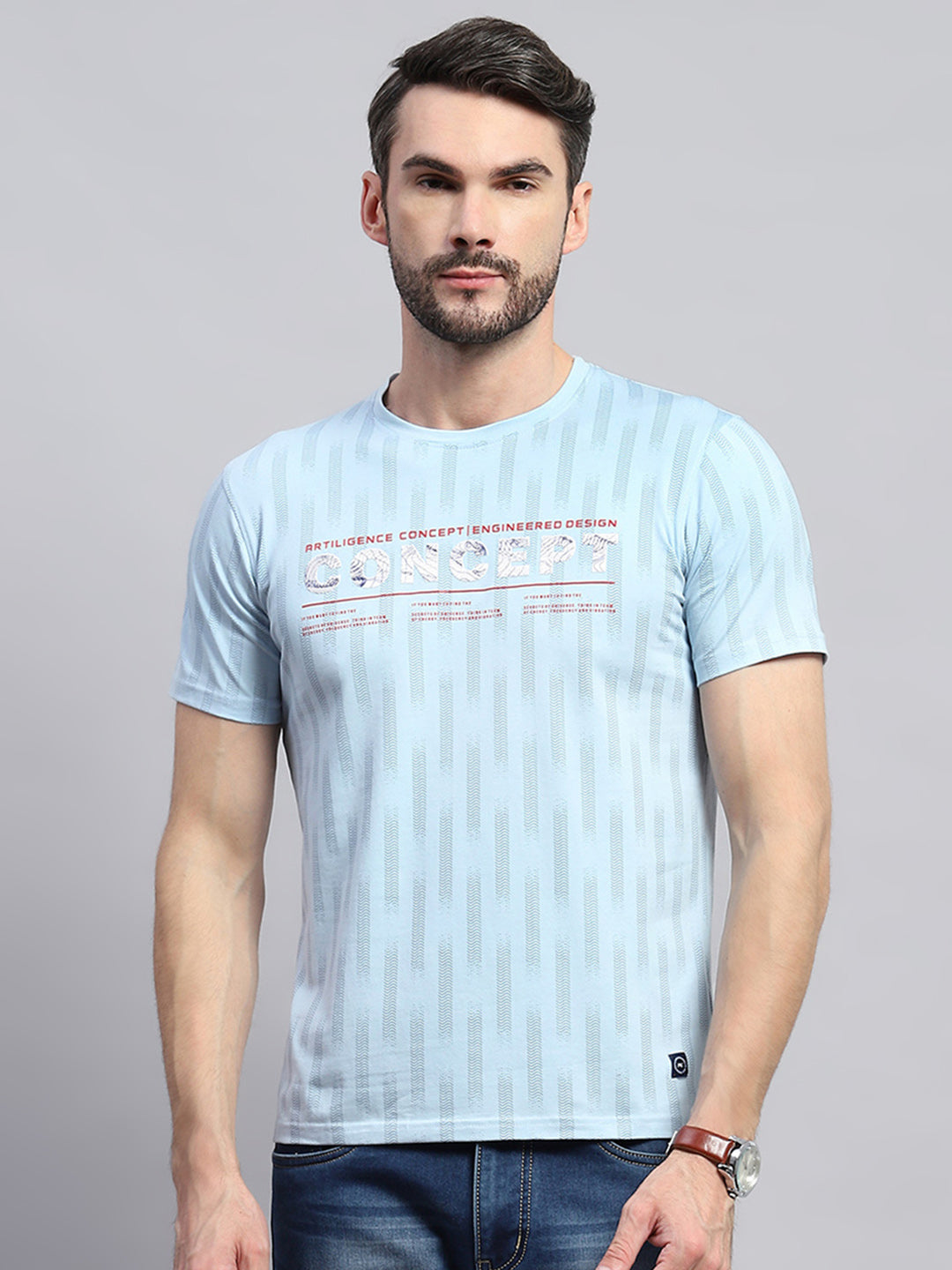 Men Blue Printed Round Neck Half Sleeve T-Shirt